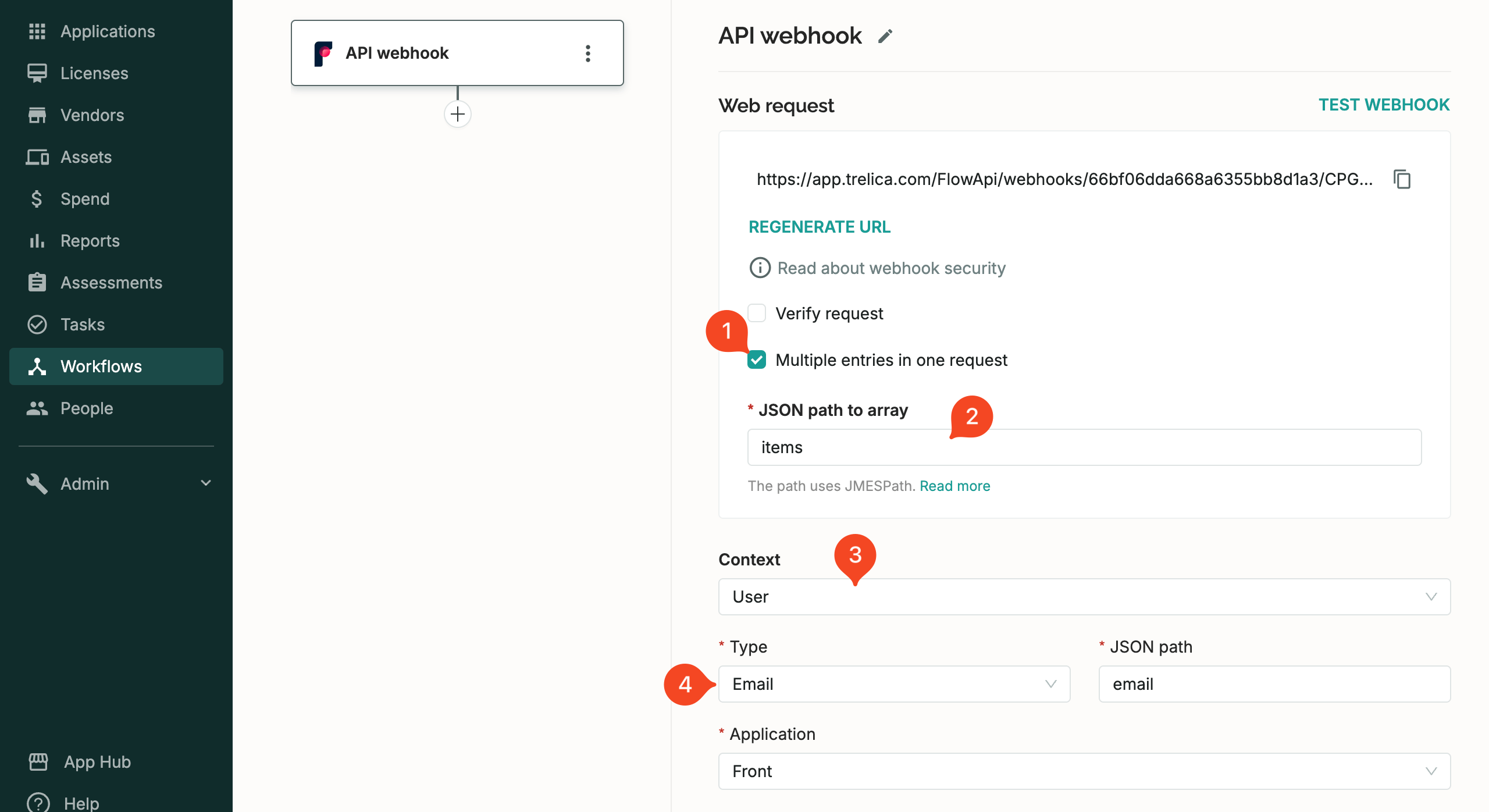SaaS Manager API webhook settings with multiple entries enabled and JSON path fields