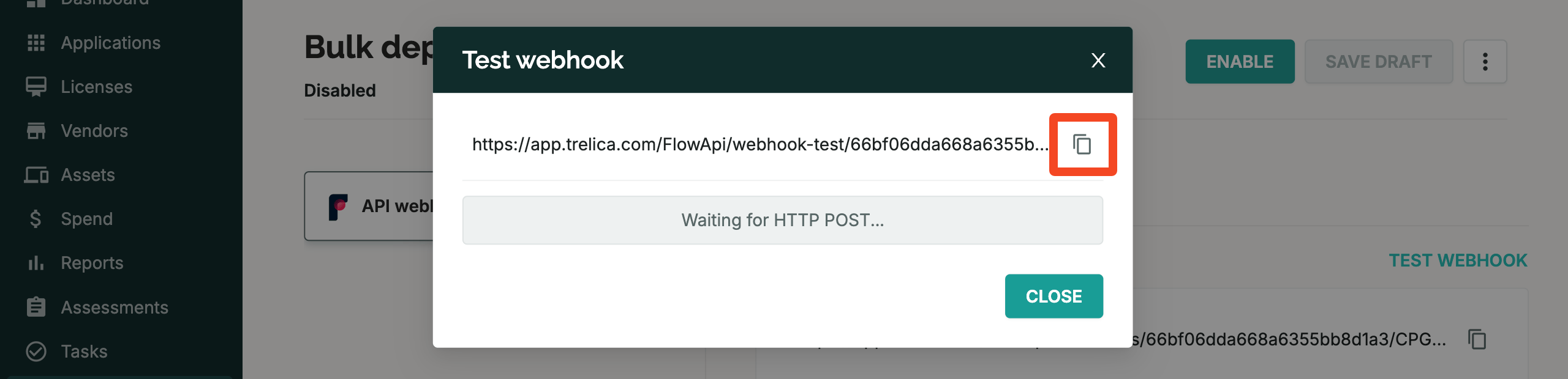 SaaS Manager Test webhook dialog waiting for an HTTP POST request
