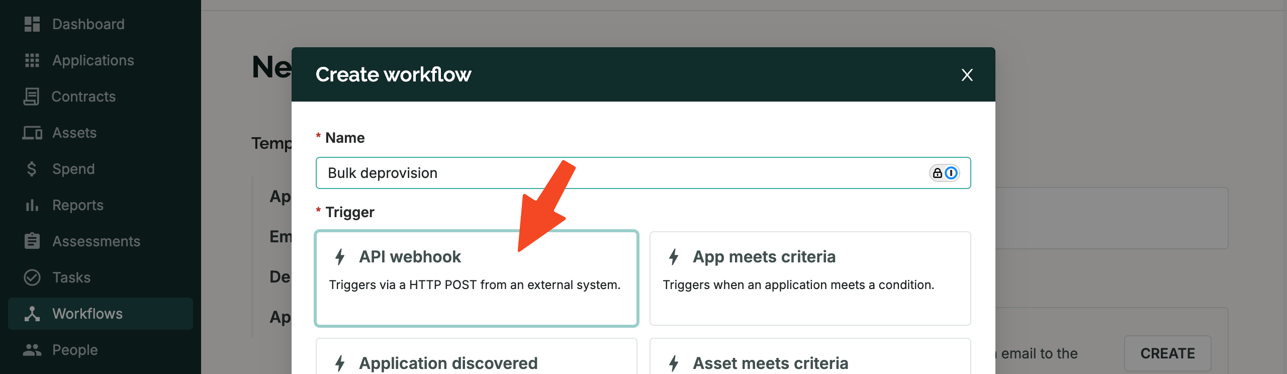 SaaS Manager Create workflow dialog with API webhook selected as the trigger