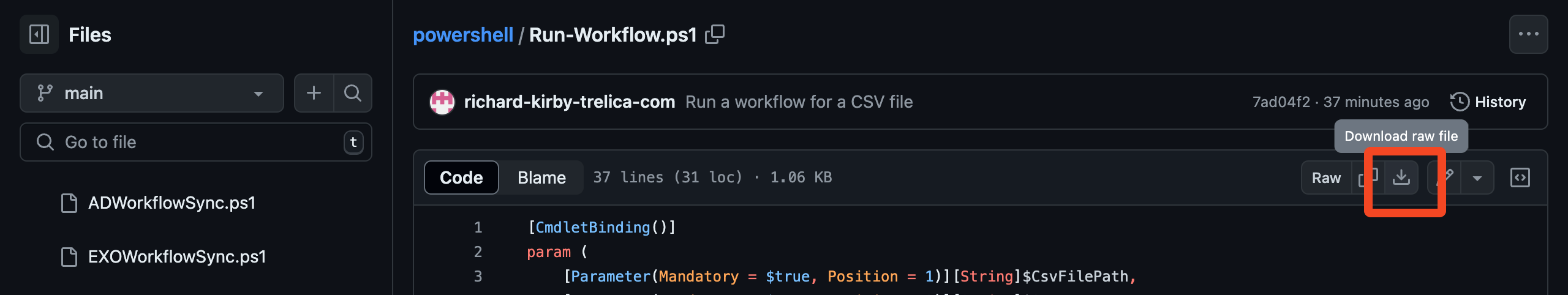 GitHub page showing a PowerShell workflow script with the Download raw file button