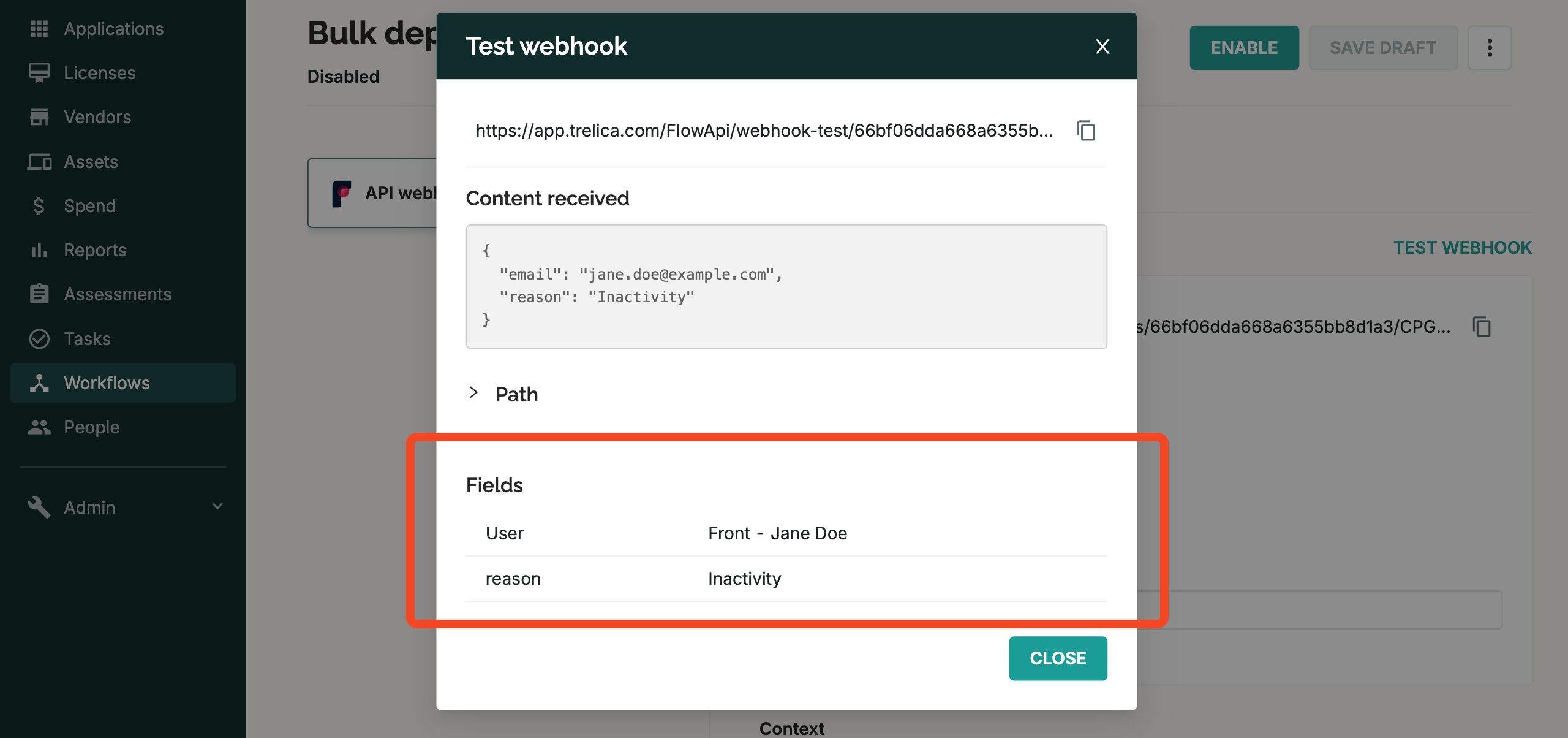 SaaS Manager Test webhook dialog showing received JSON content and mapped fields
