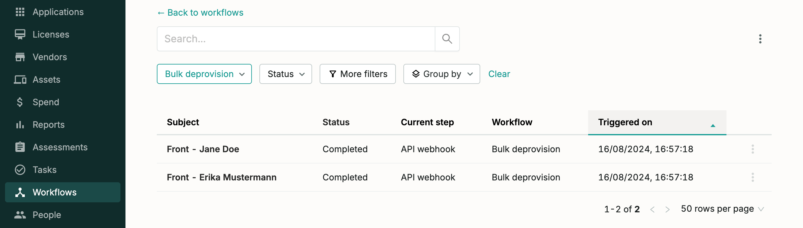 SaaS Manager workflow runs list showing completed Bulk deprovision runs