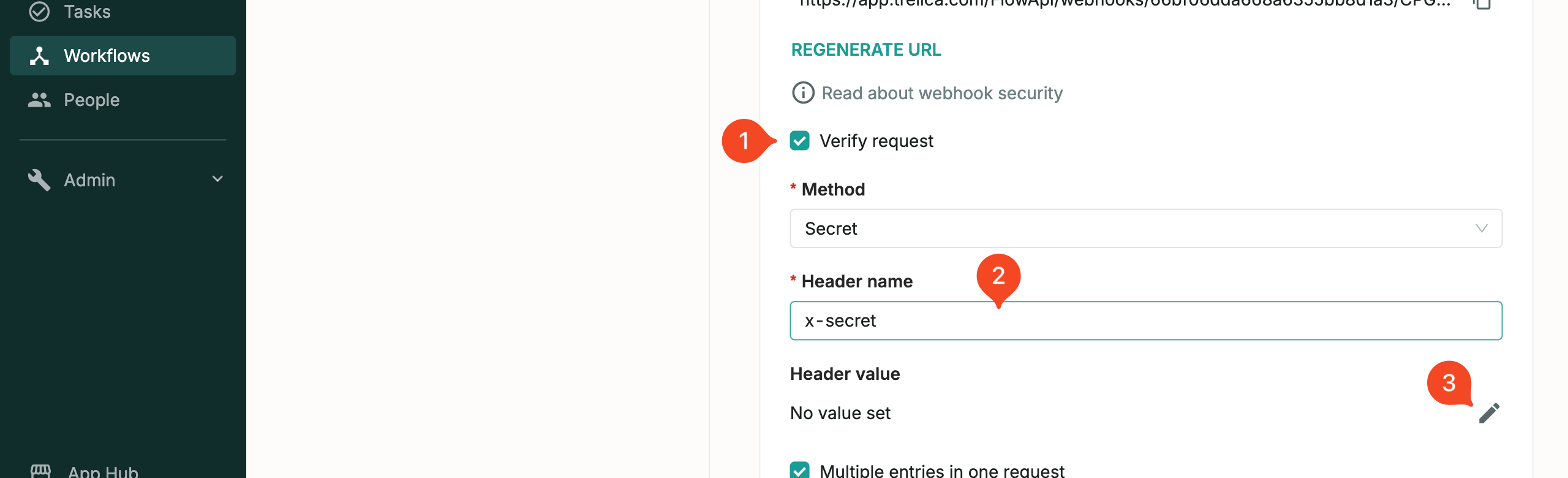 SaaS Manager API webhook verification settings with the x-secret header name