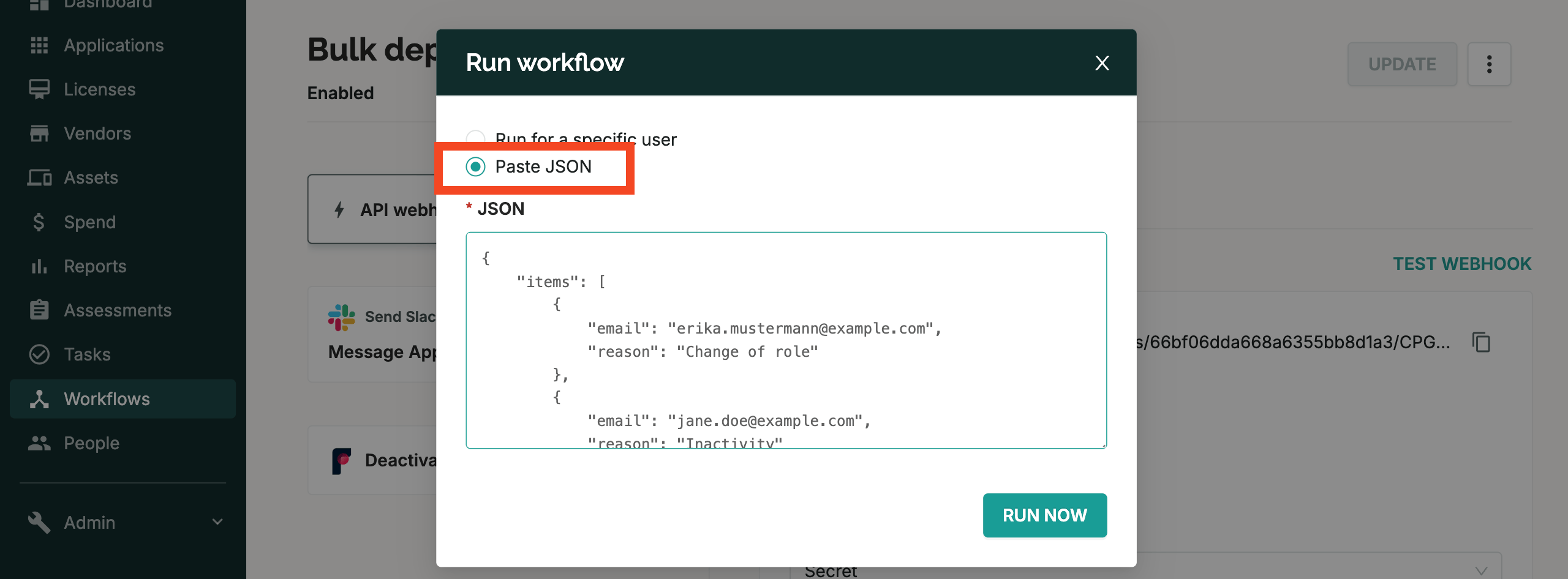 SaaS Manager Run workflow dialog with Paste JSON selected and JSON input