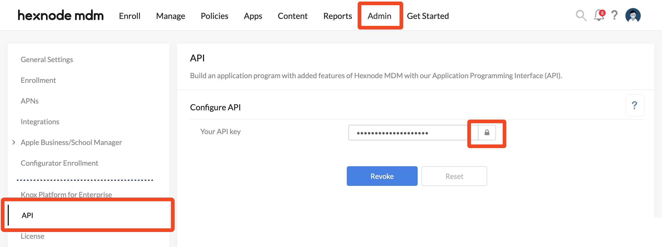 Hexnode MDM Admin API settings showing the API key field and API navigation item