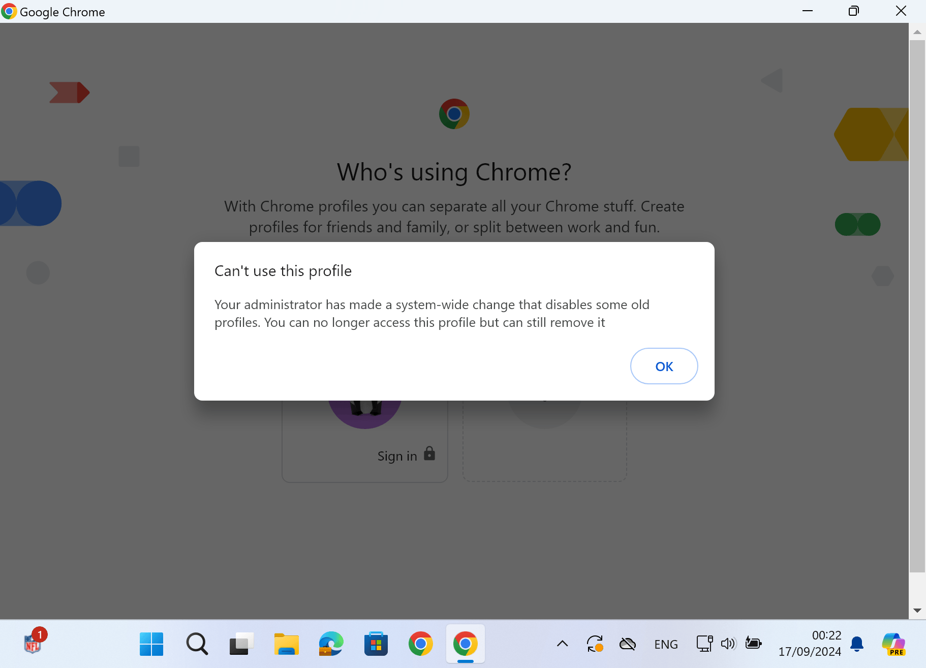 Chrome browser sign-in prompt for a managed profile