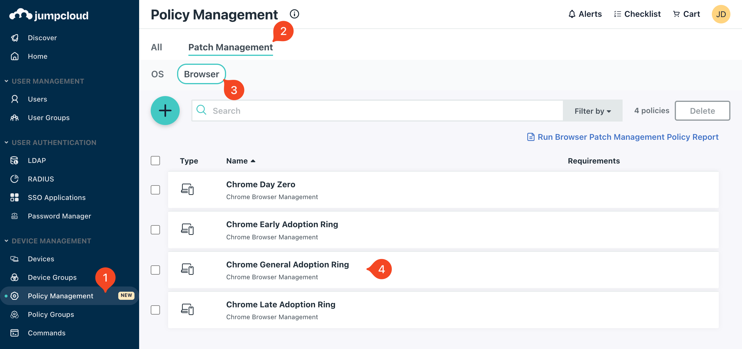 JumpCloud Browser policies with Chrome General Adoption Ring selected