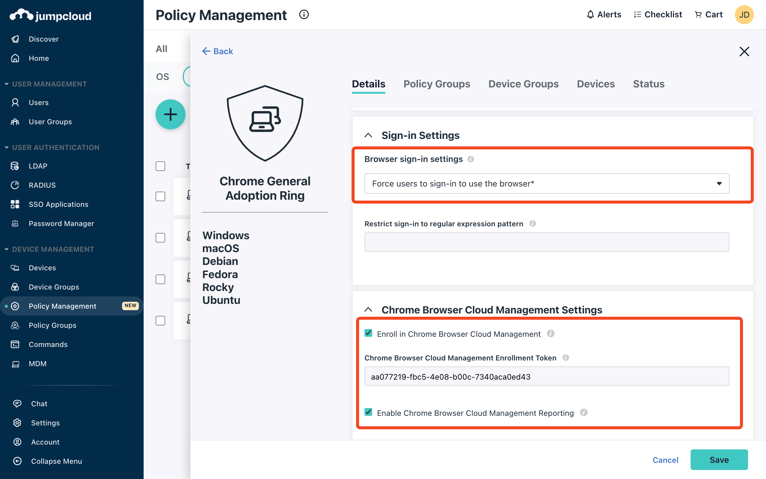 JumpCloud Chrome policy Details tab with browser cloud management settings