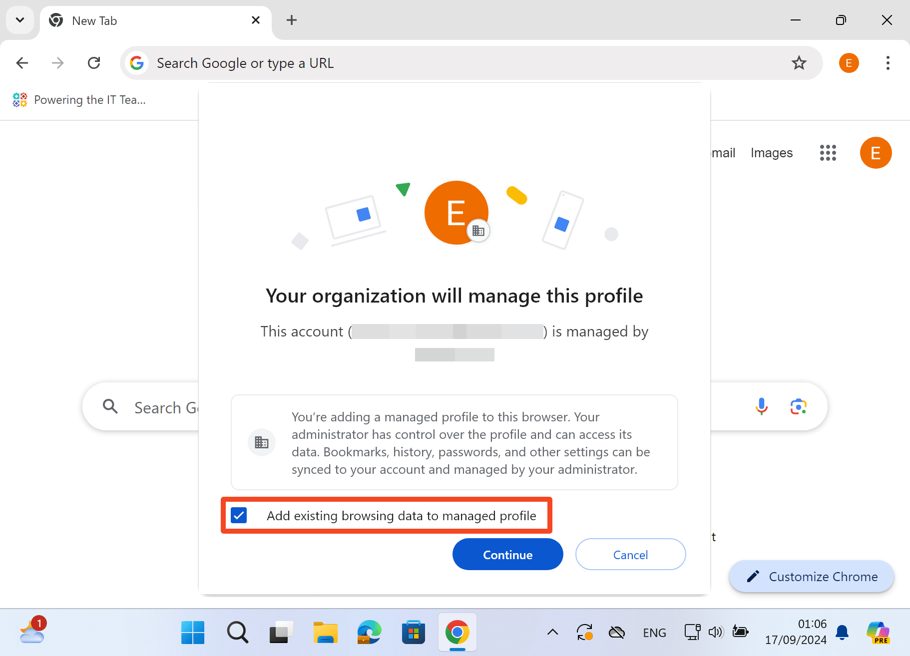 Chrome managed profile dialog with Add existing browsing data selected