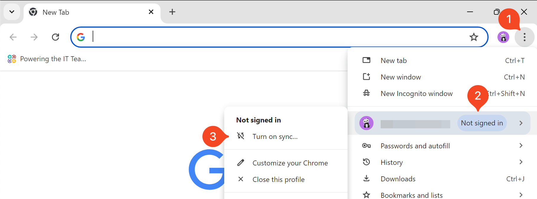 Chrome profile menu with sign-in and sync options