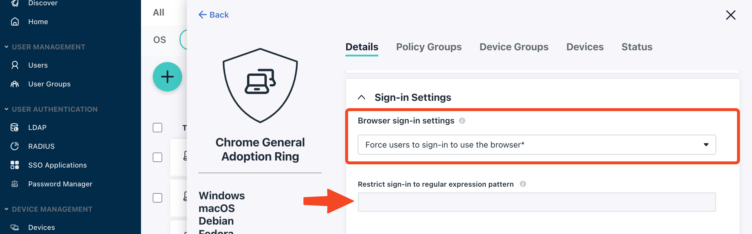 JumpCloud Chrome sign-in settings with a restricted domain pattern