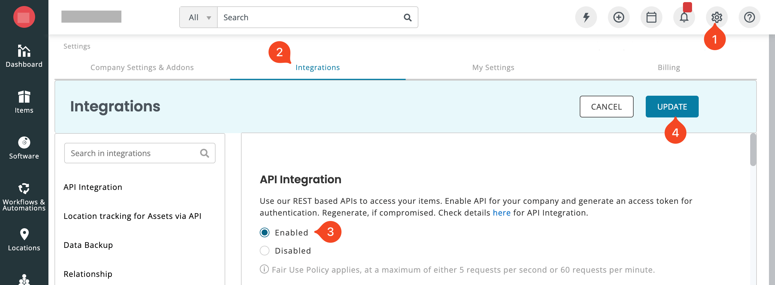 EZO AssetSonar Integrations settings with API Integration enabled