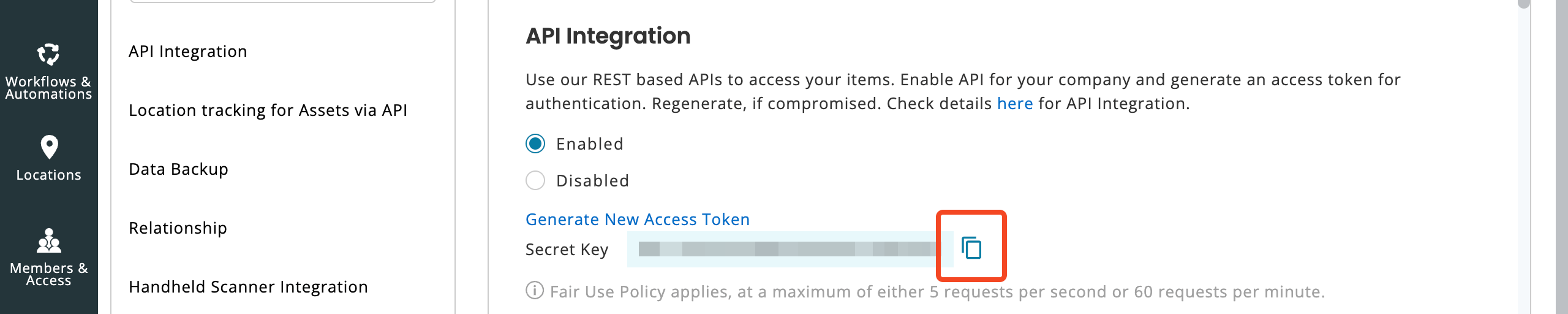 EZO AssetSonar API settings showing the API Secret Key