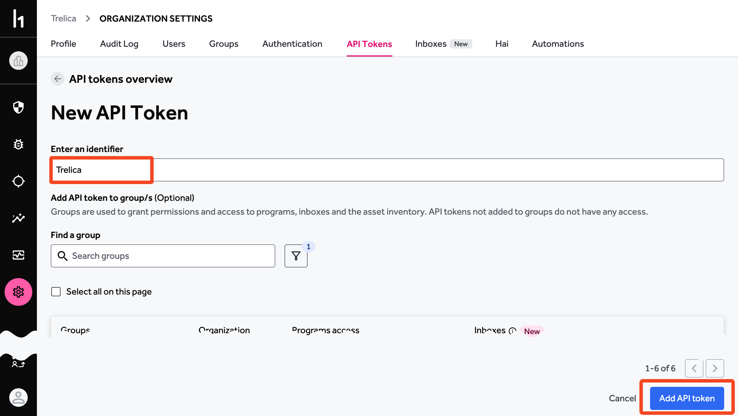 HackerOne API token settings