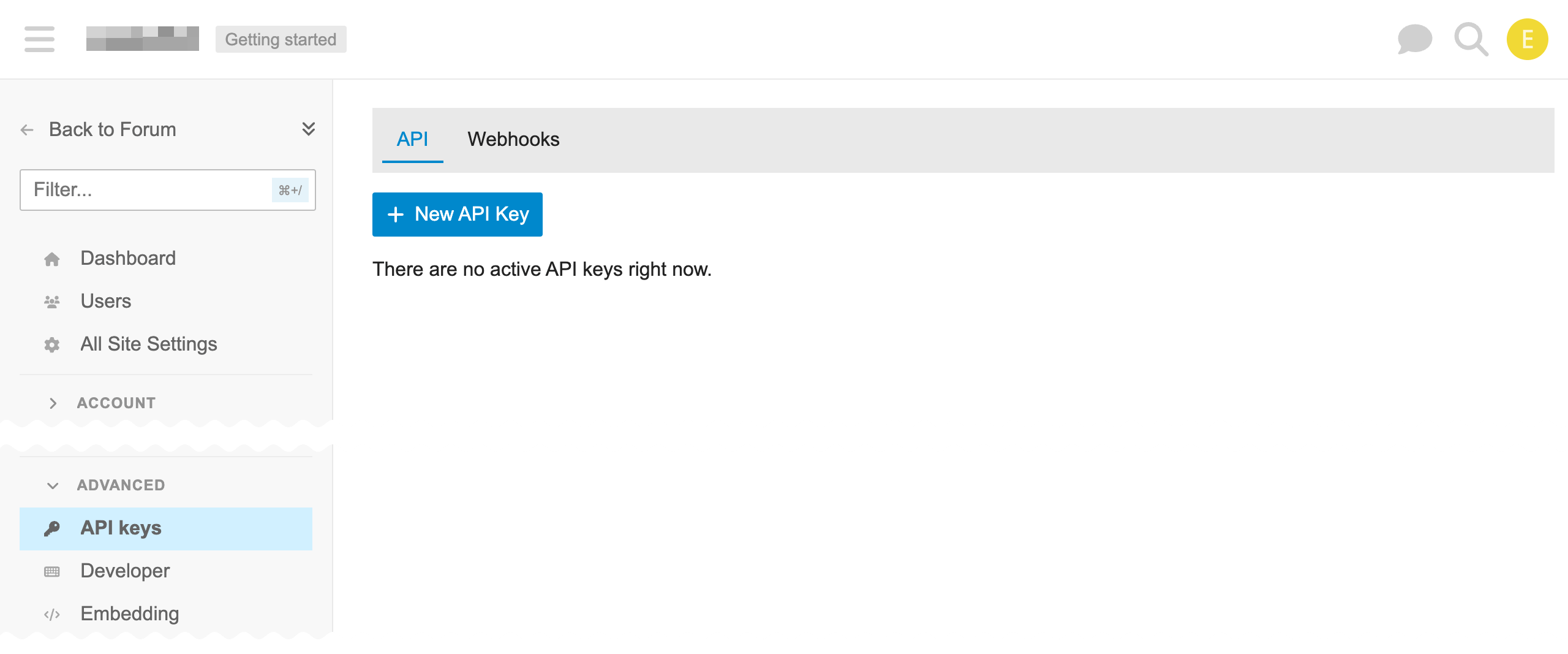 Discourse API key settings