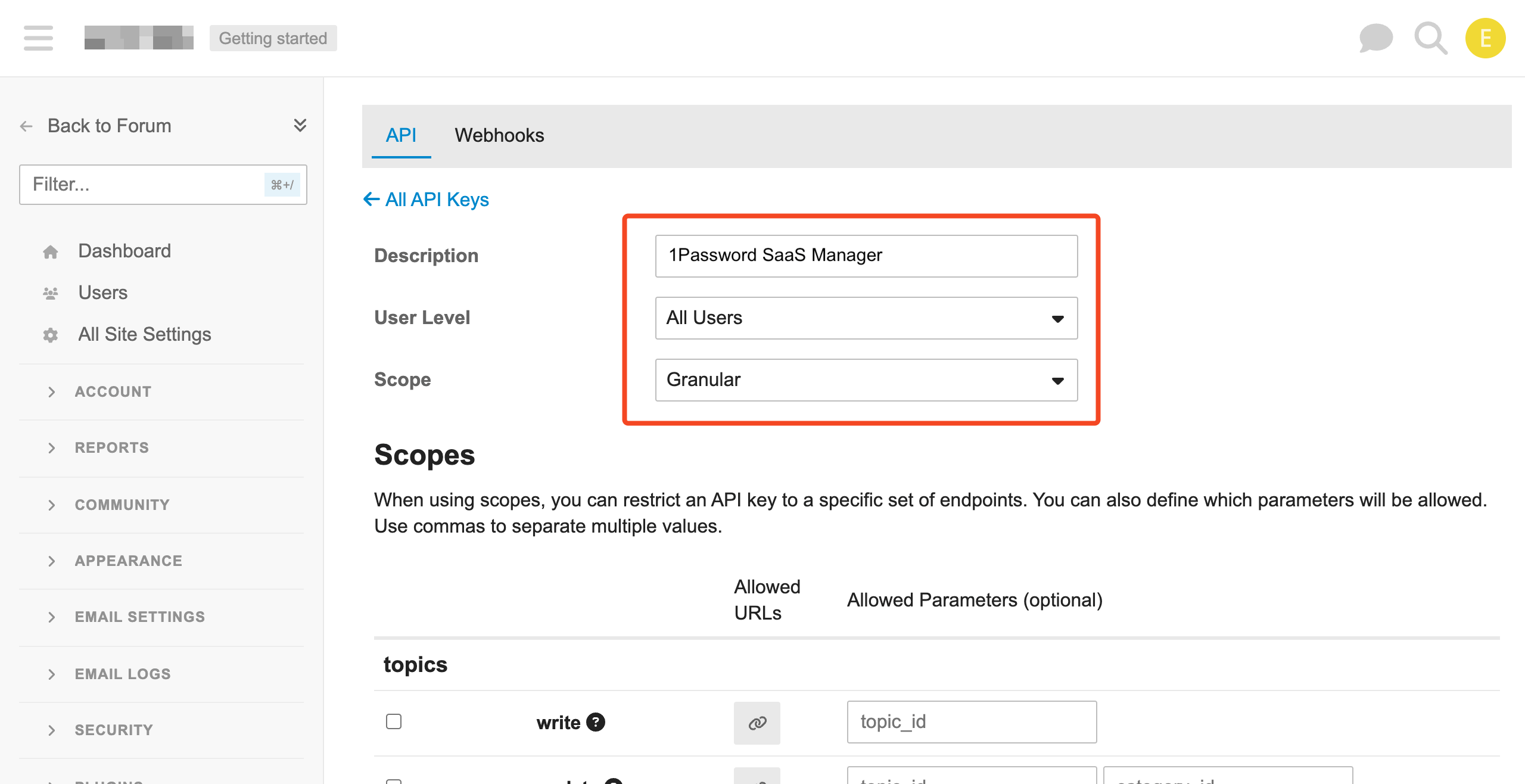 Discourse API key configuration