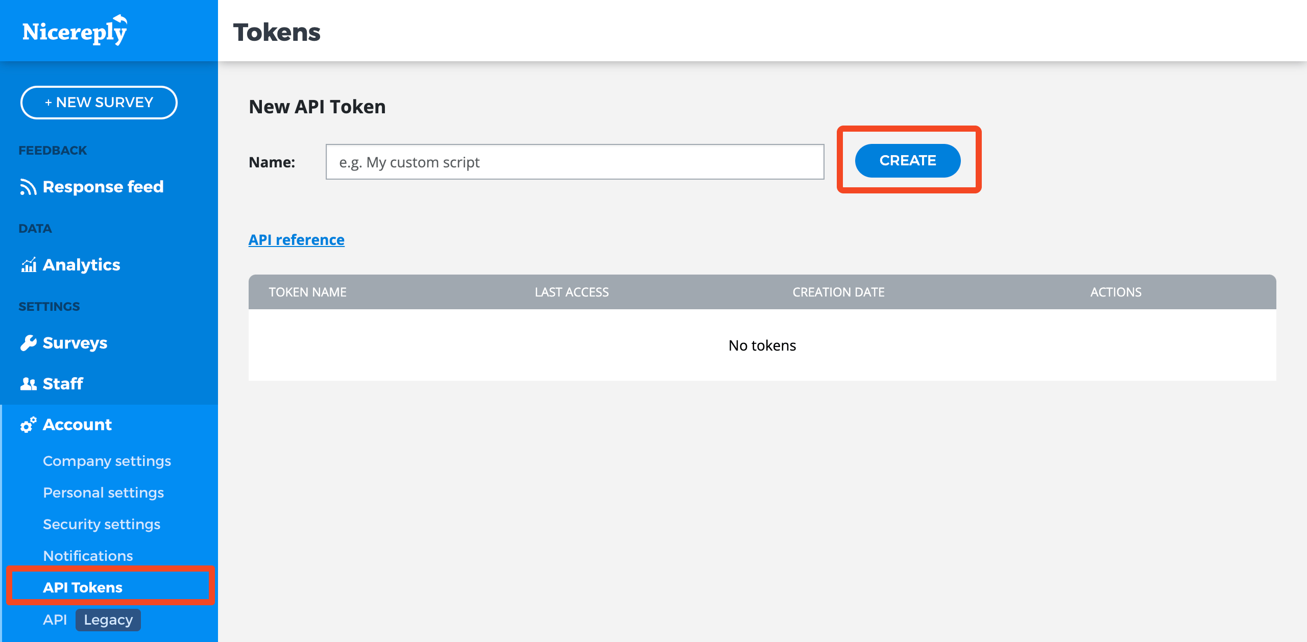Nicereply API Tokens page with the Create button highlighted