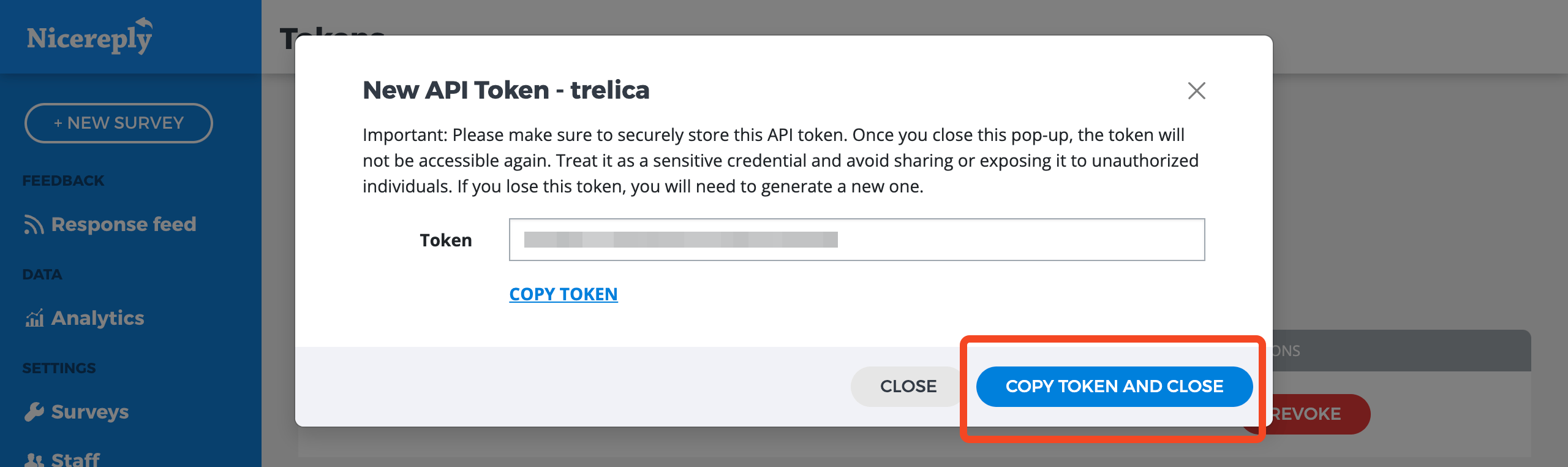 Nicereply New API Token dialog with the Copy Token and Close button highlighted