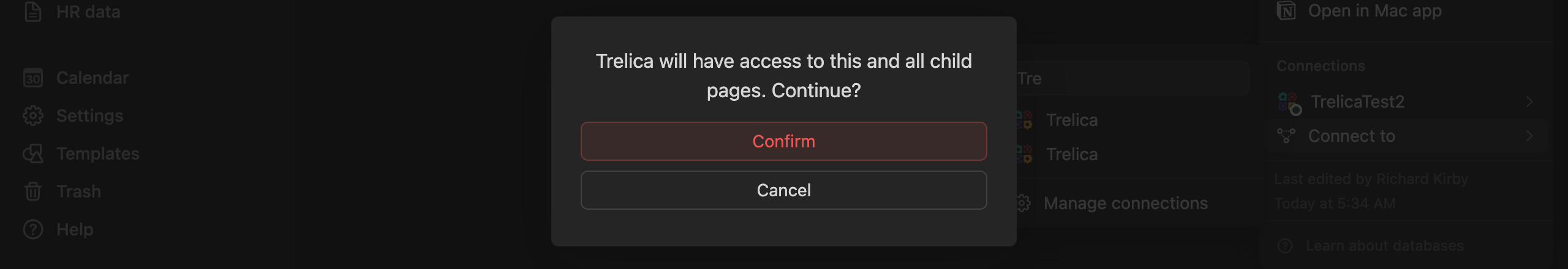 Notion confirmation dialog for granting SaaS Manager access to a database and child pages