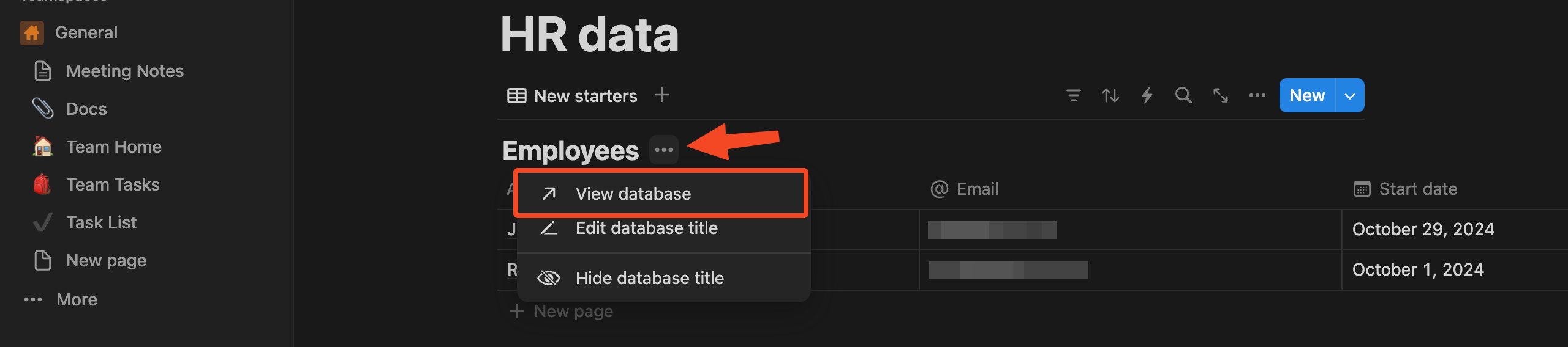 Notion database menu with View database selected