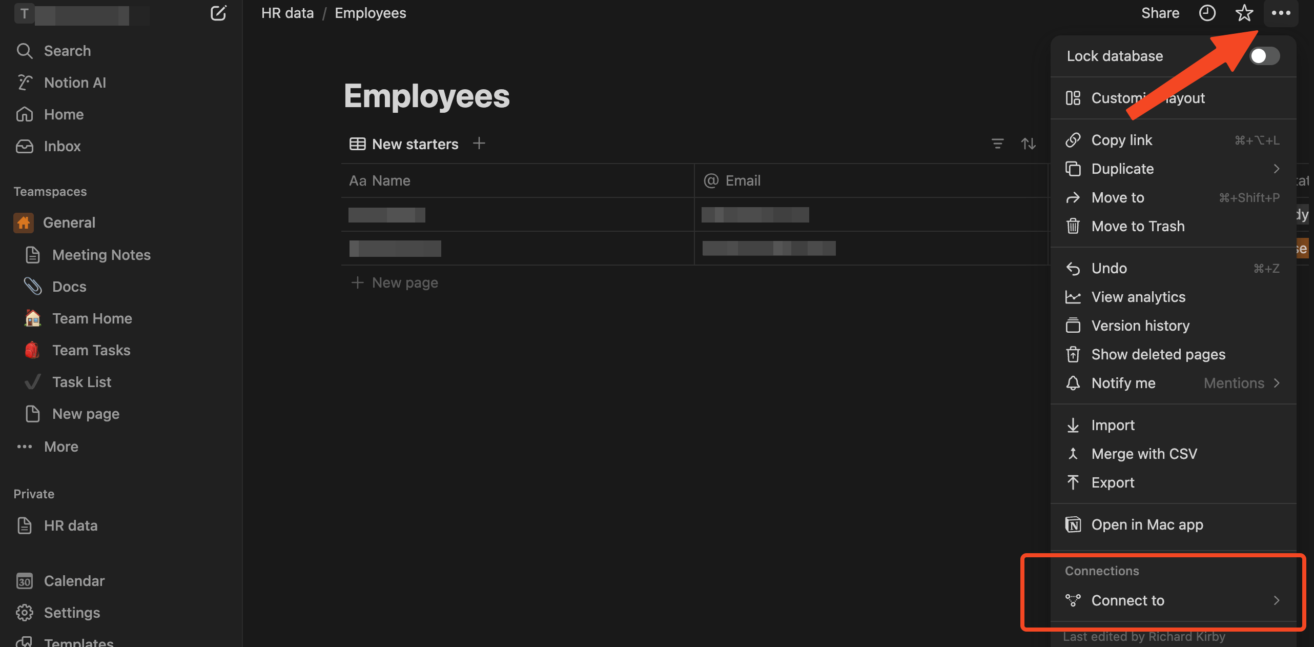 Notion database menu with the Connect to option highlighted