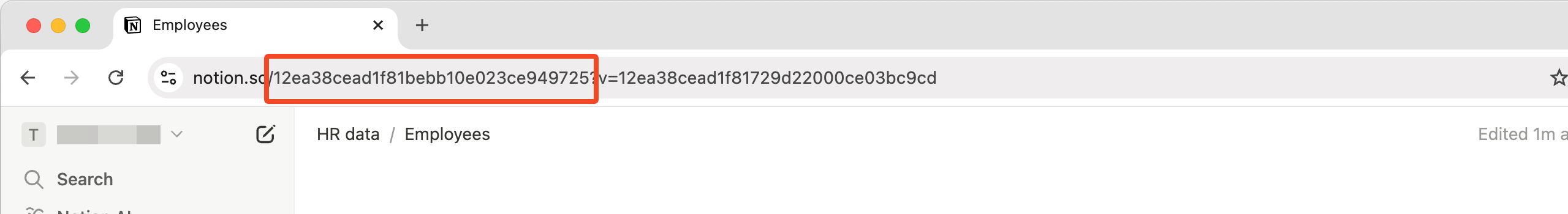 Notion database URL highlighted in the browser address bar