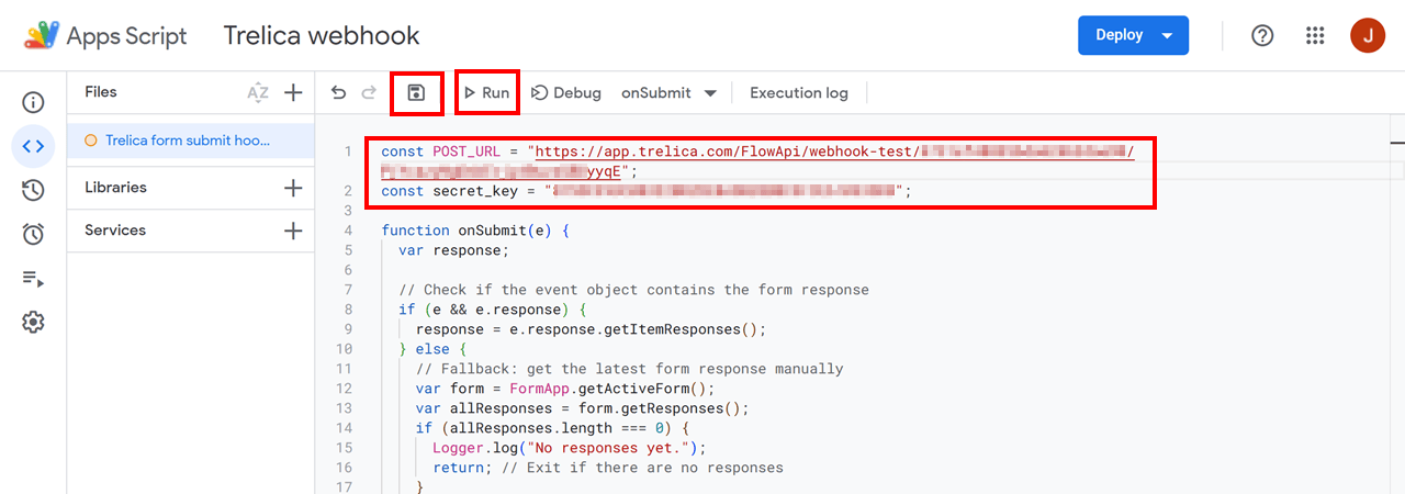 Google Apps Script editor with the webhook script saved