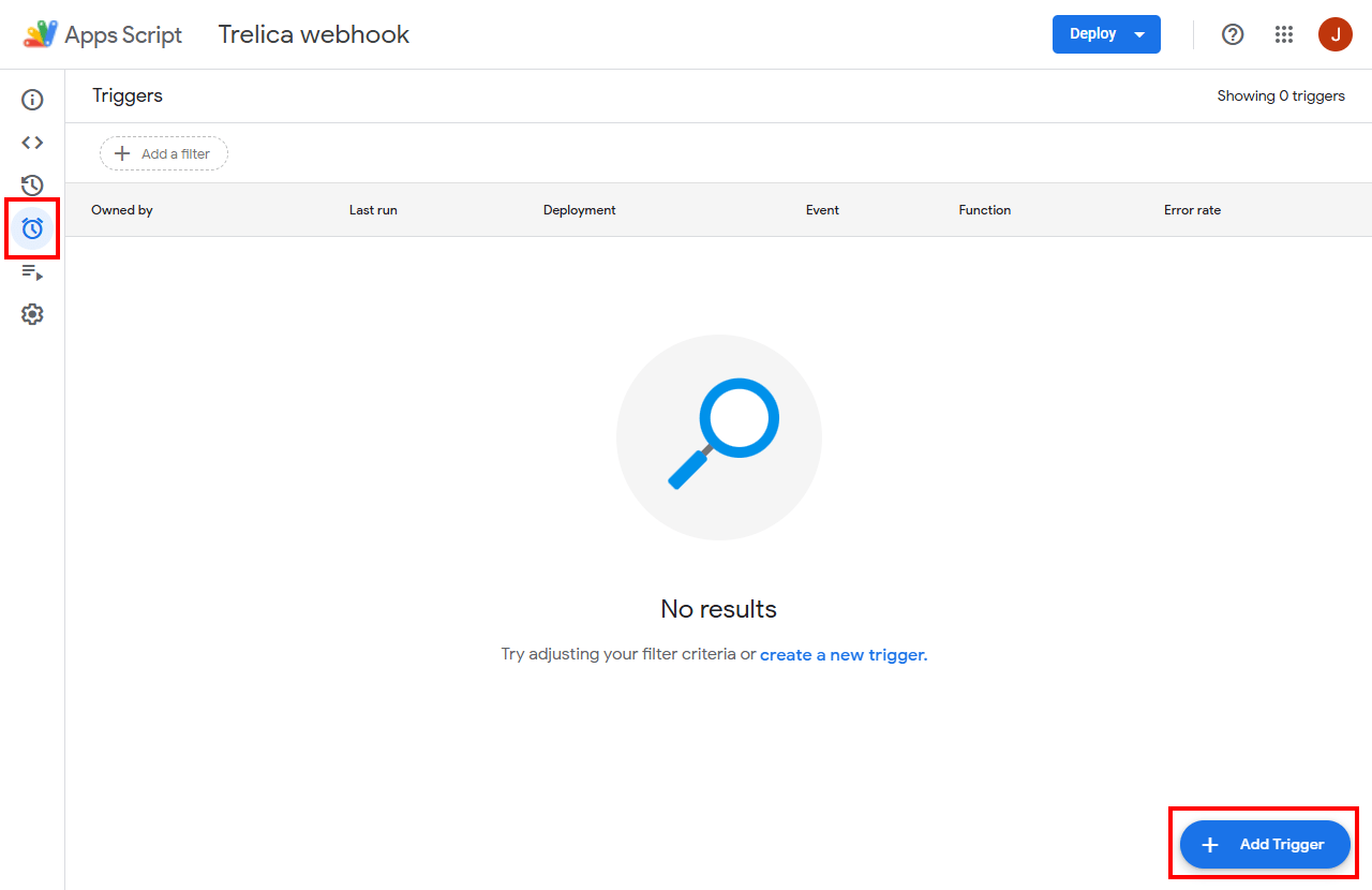 Google Apps Script Triggers menu with Add Trigger selected