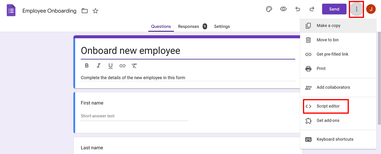 Google Forms context menu with Script editor selected