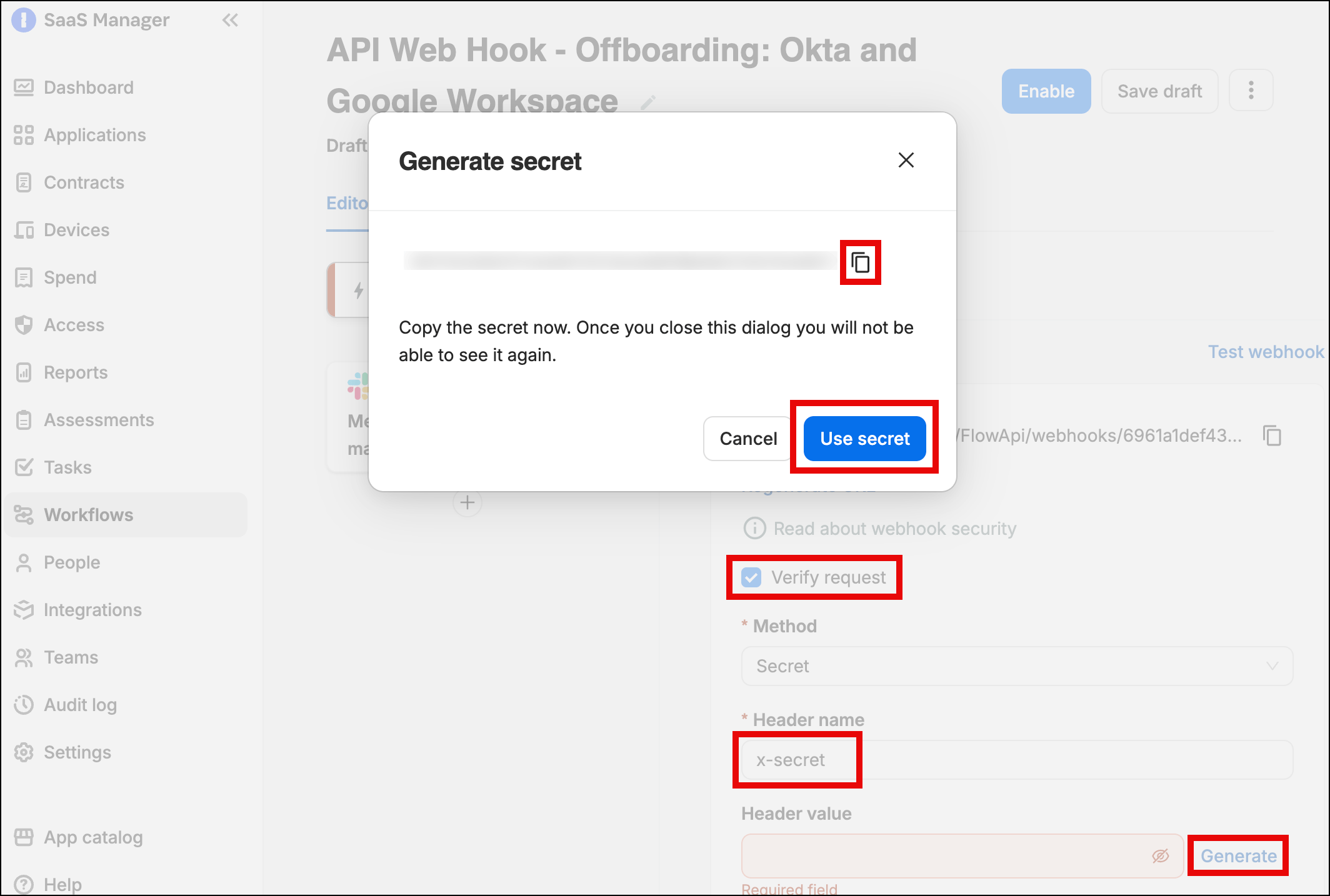SaaS Manager webhook verification settings with a generated secret
