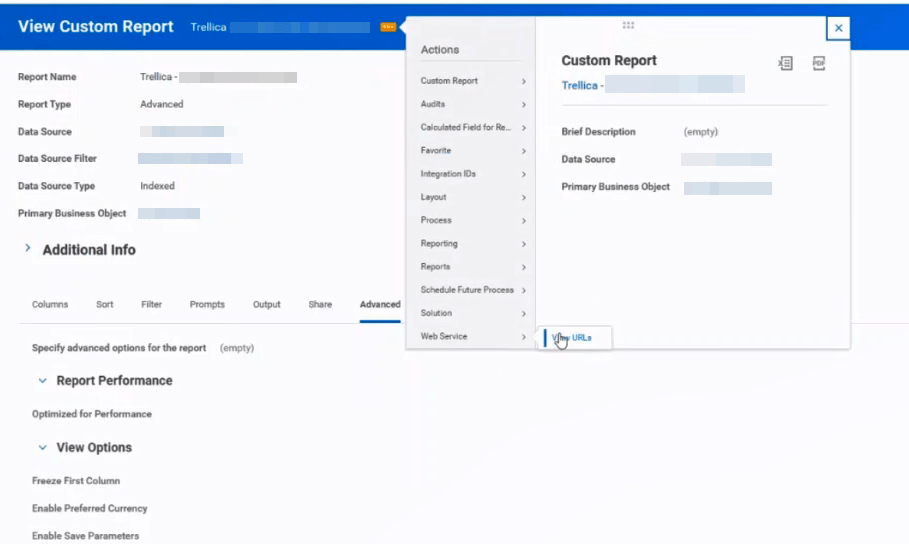 Workday report Web Service URLs dialog with the JSON URL