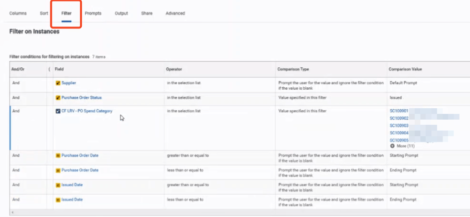 Workday report filters for purchase order date prompts