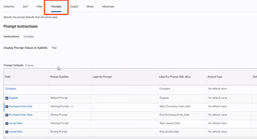 Workday report field settings showing Prompt XML Alias labels
