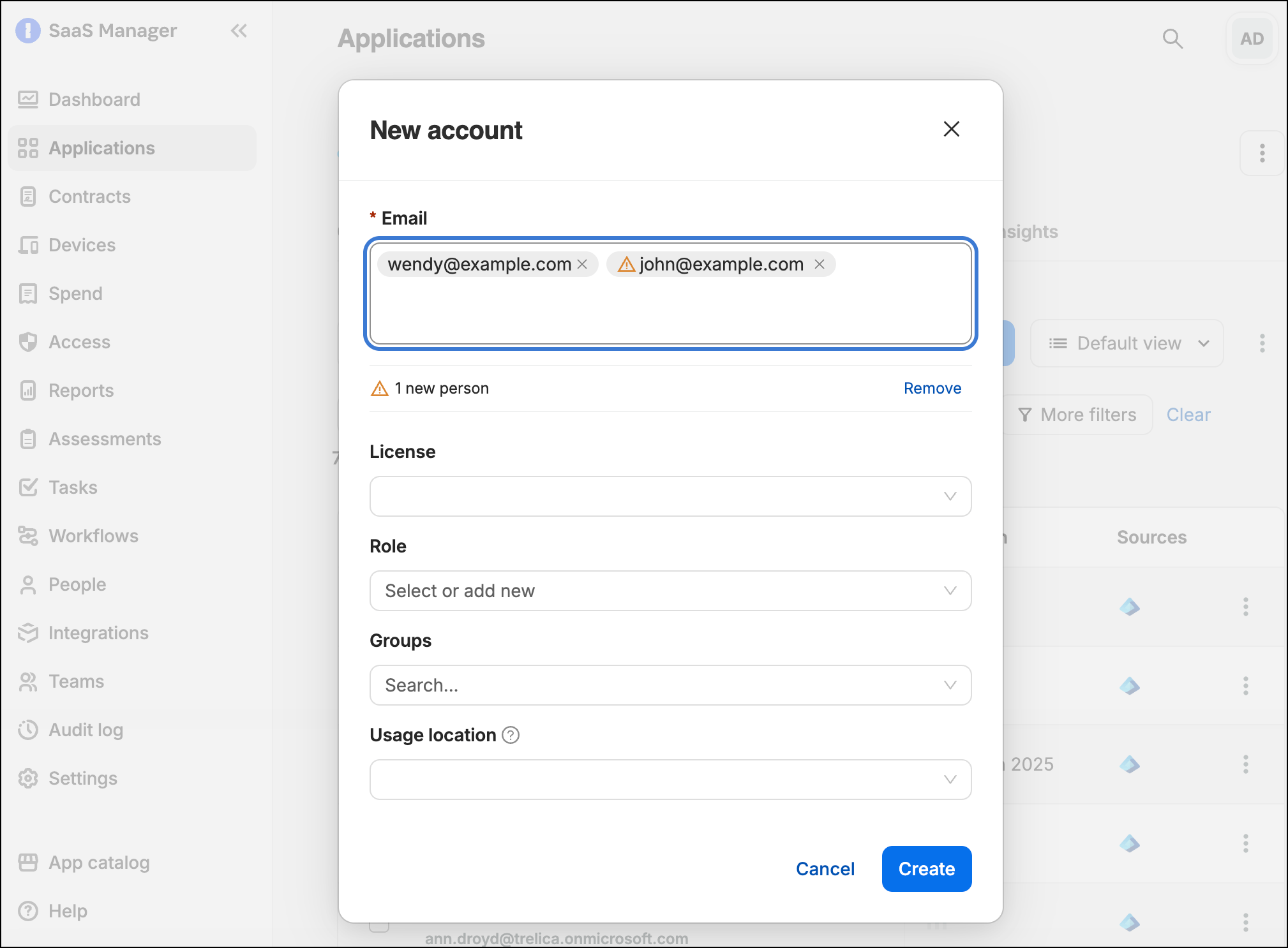 SaaS Manager application users tab for adding users from an email list