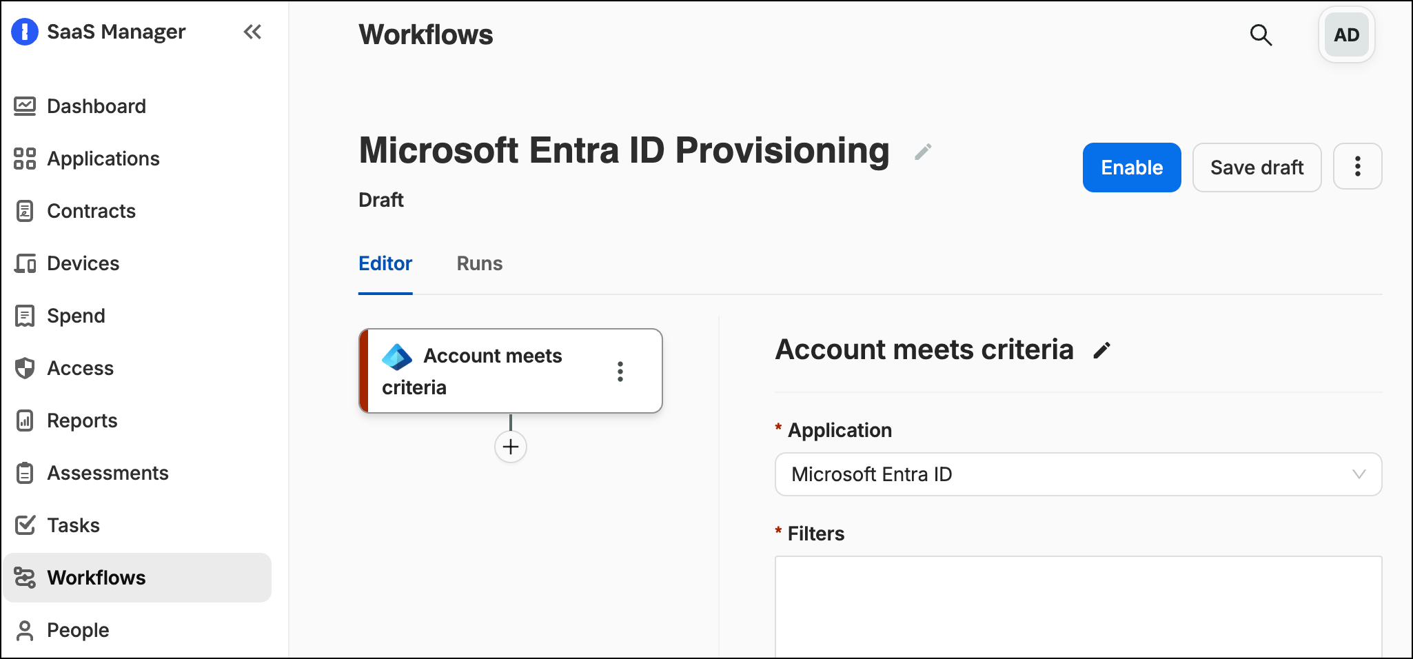 SaaS Manager workflow trigger configuration with Filters selected