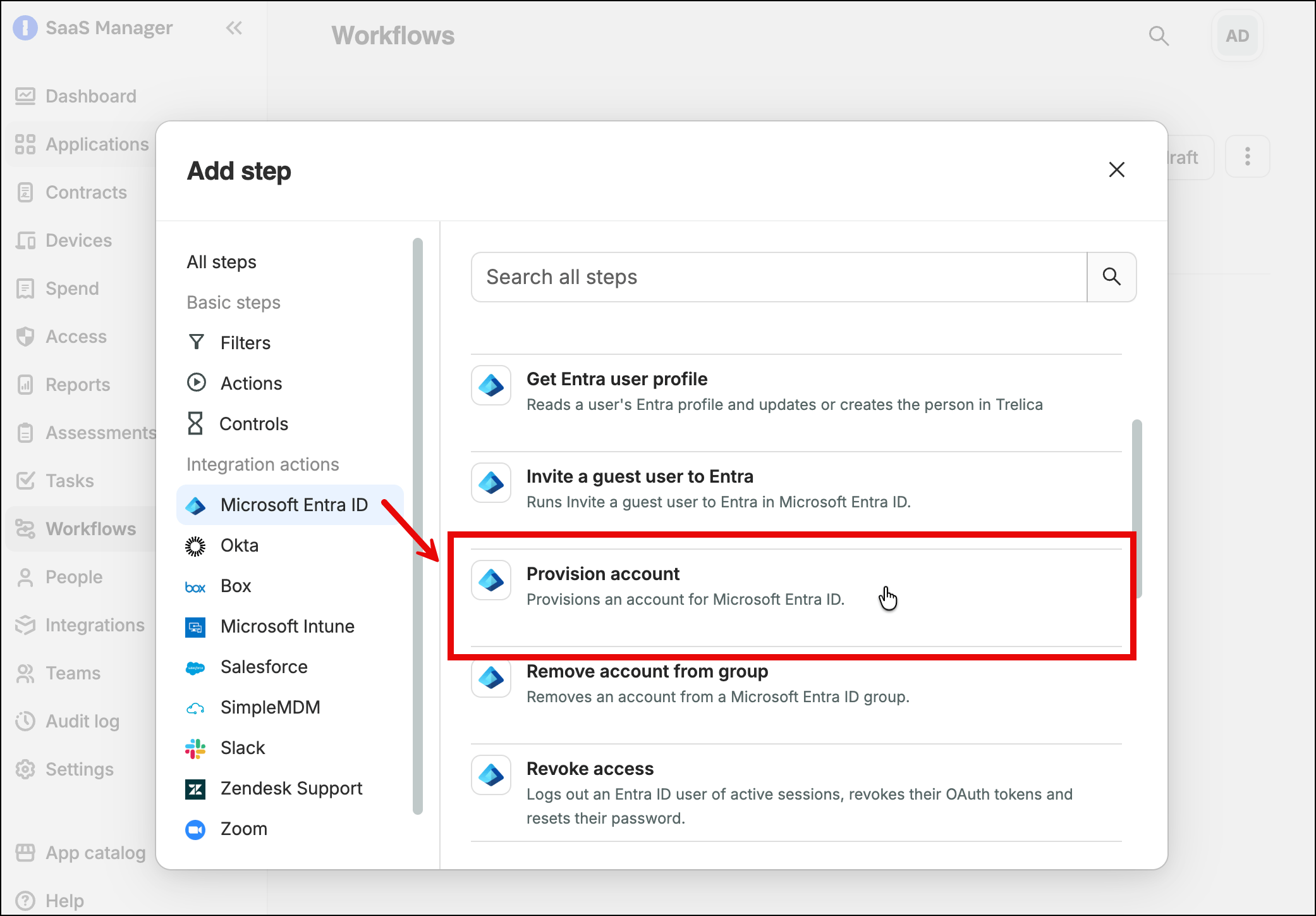 SaaS Manager workflow action selector with Provision account selected