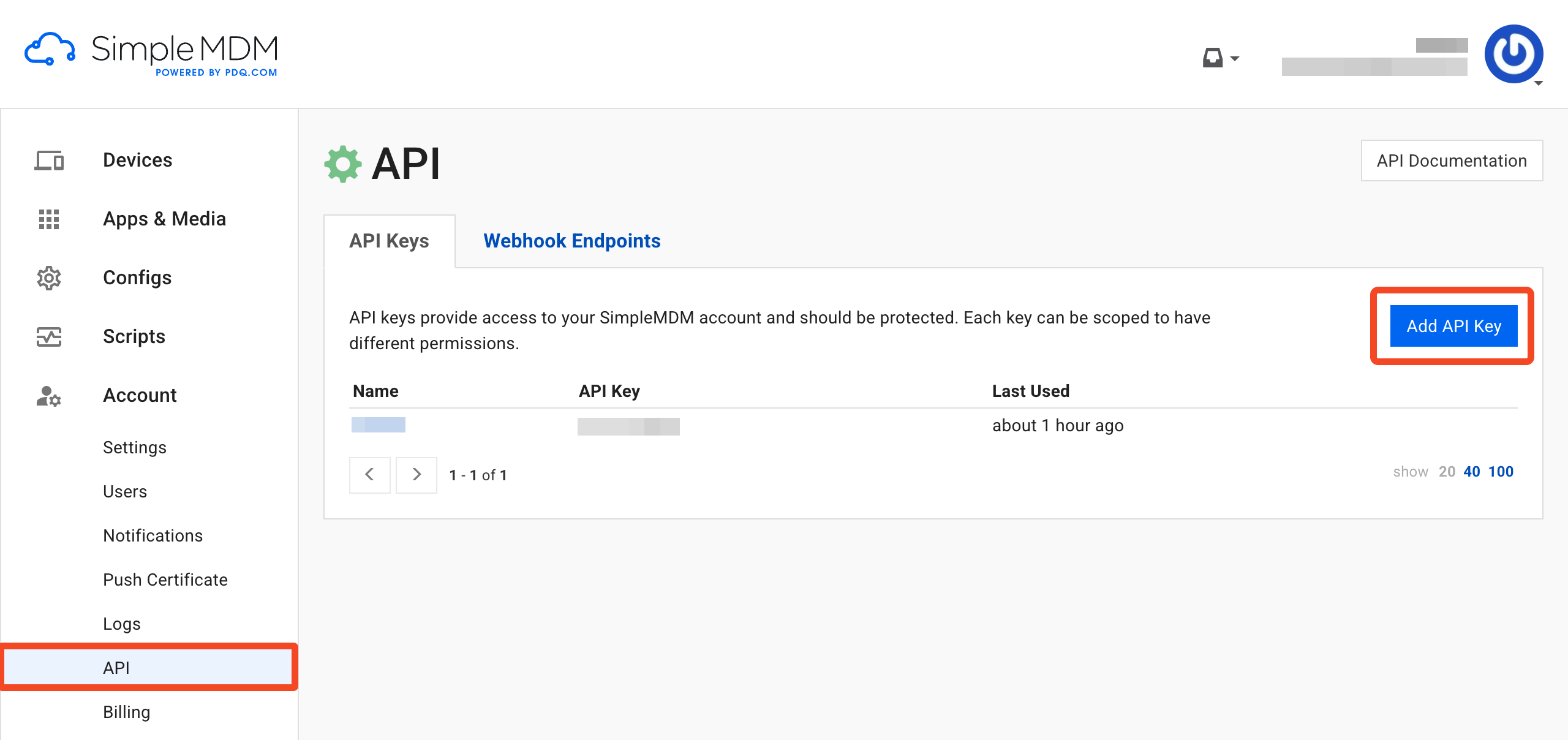 SimpleMDM API settings page with Add API Key selected