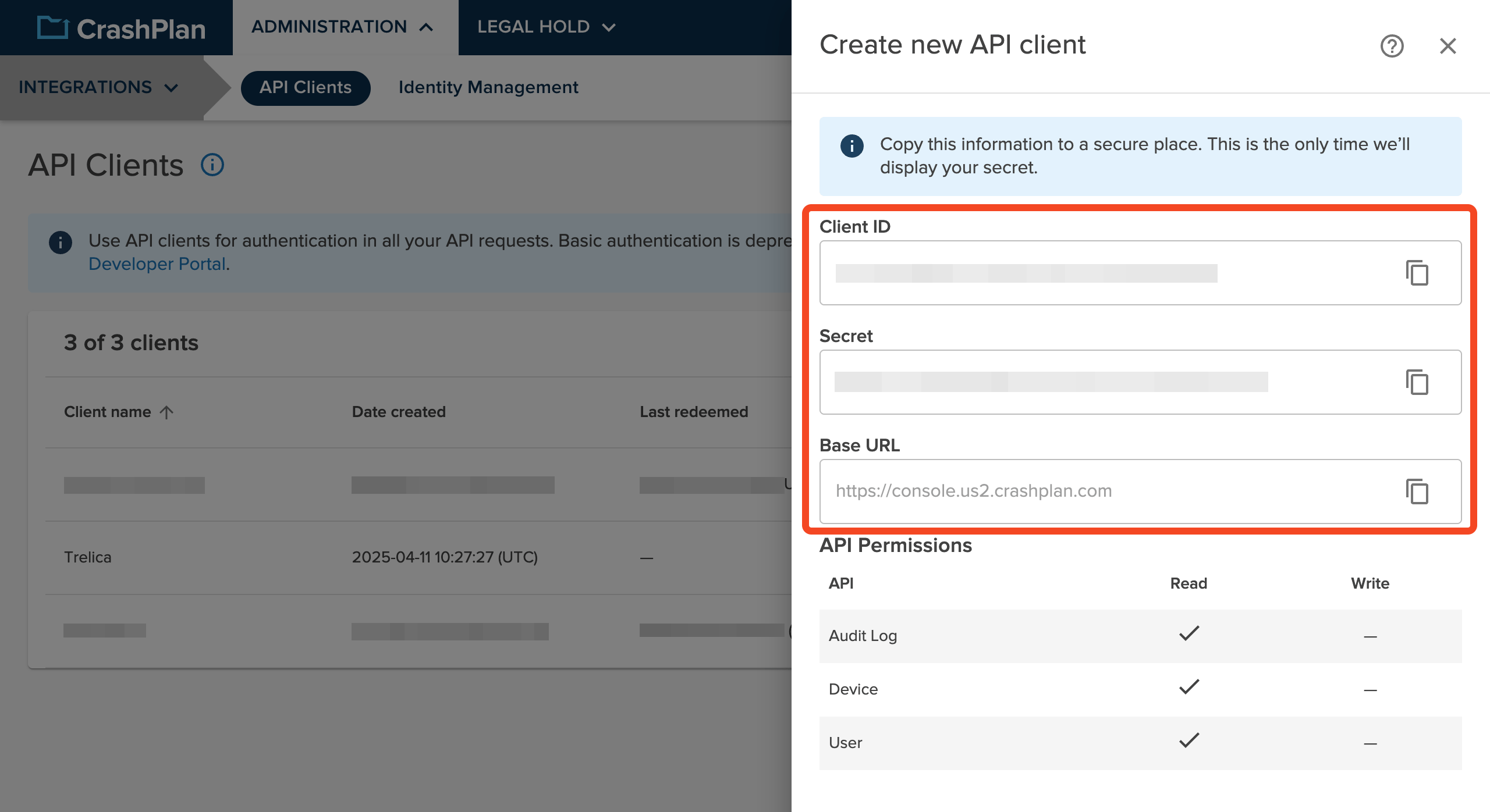 CrashPlan API client credentials showing the client ID, secret, and base URL