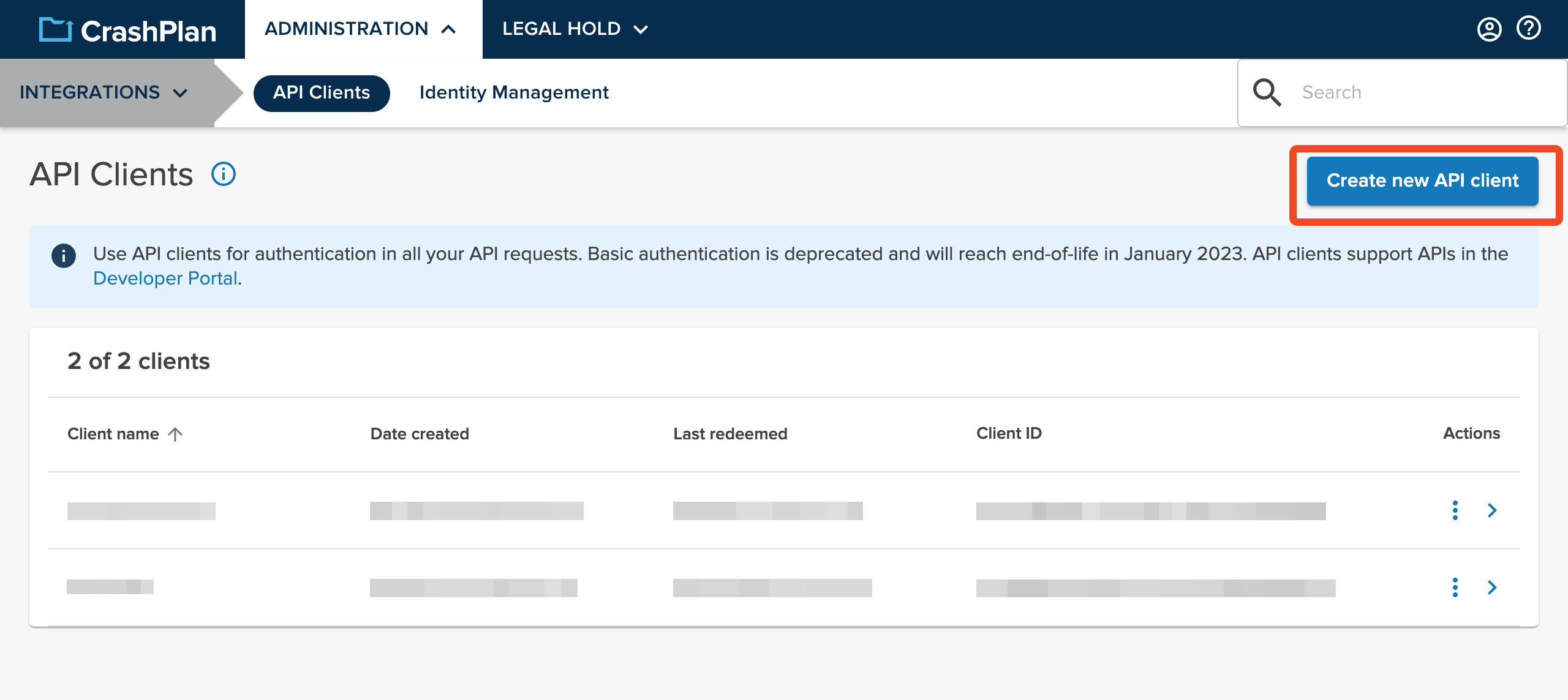 CrashPlan API Clients page with Create new API client selected