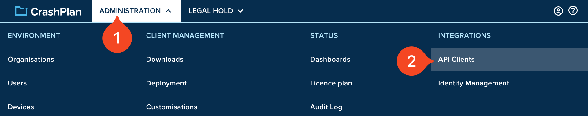 CrashPlan Administration Integrations API Clients page