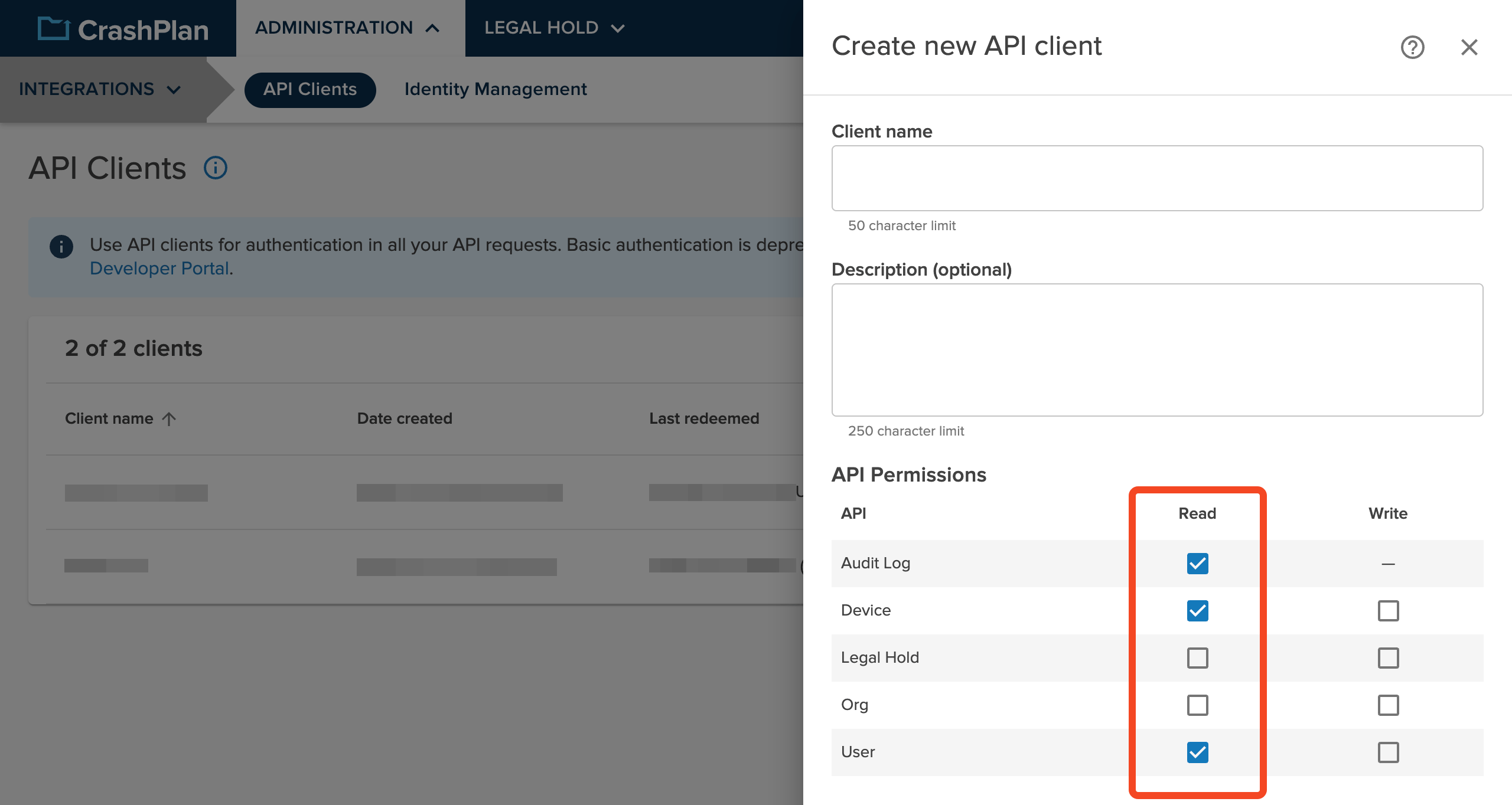 CrashPlan API client form with client name and permissions
