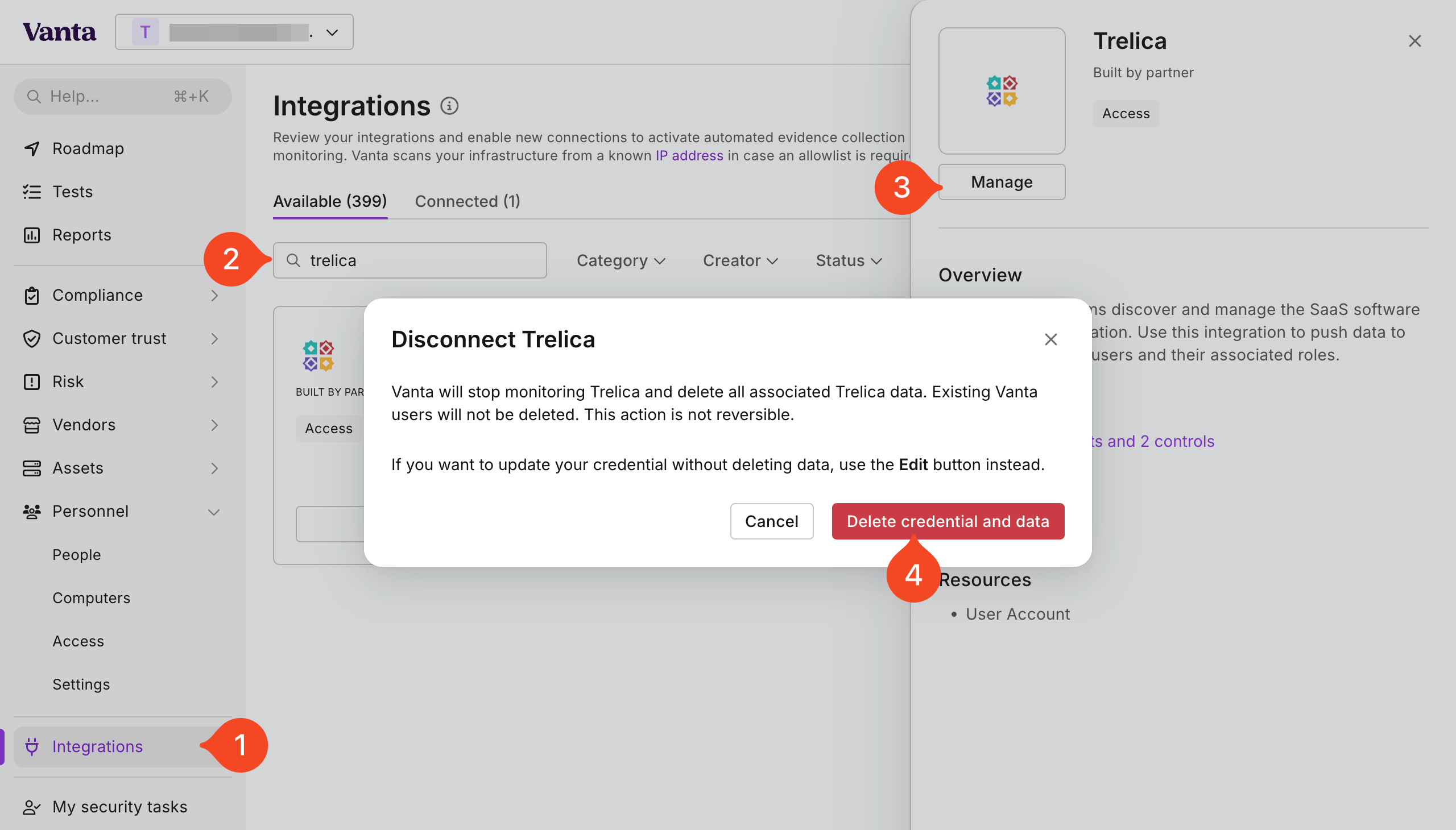 SaaS Manager Vanta integration detail panel with Manage selected
