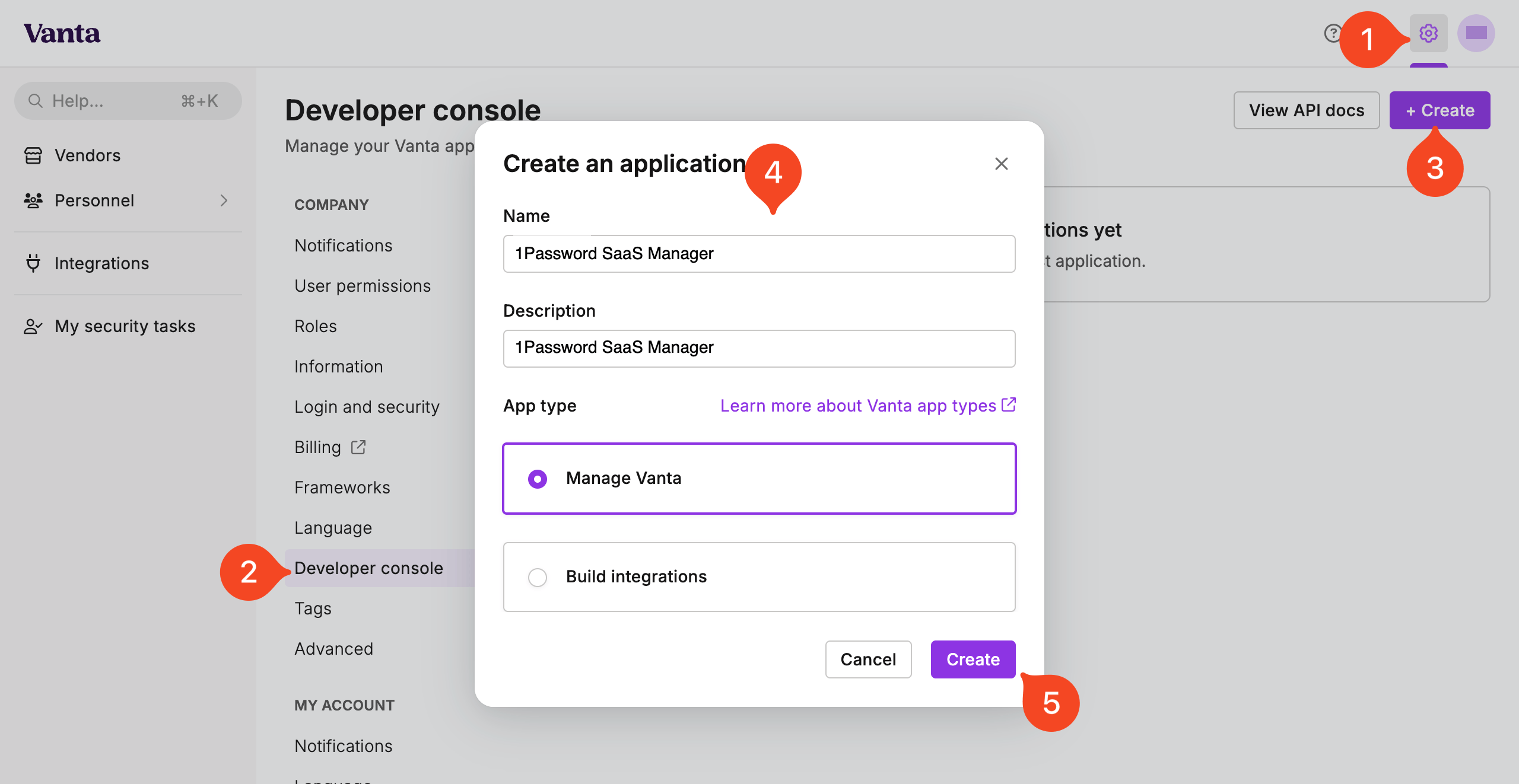 Vanta Developer console with Create selected