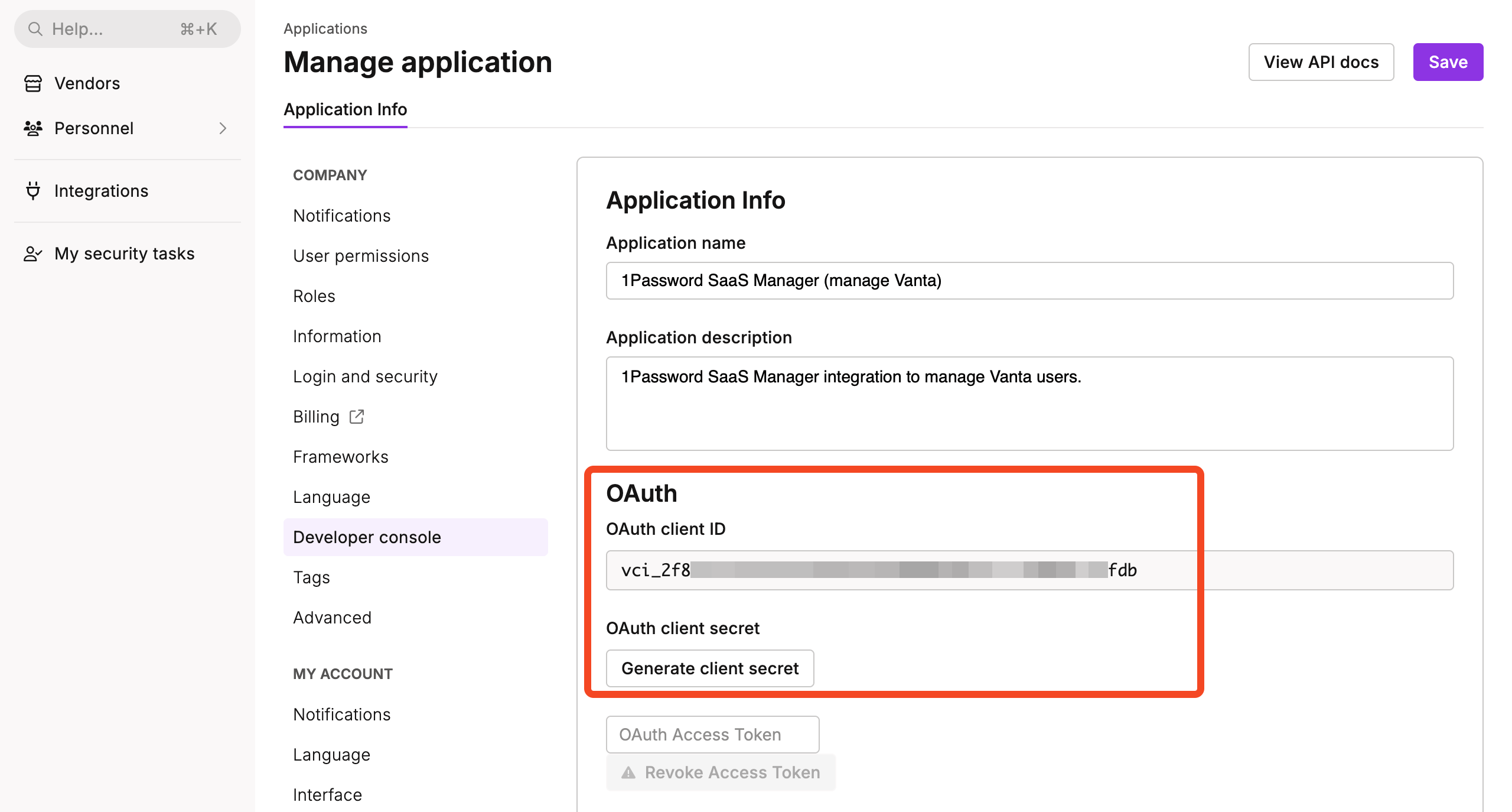 Vanta application creation form with Manage Vanta selected