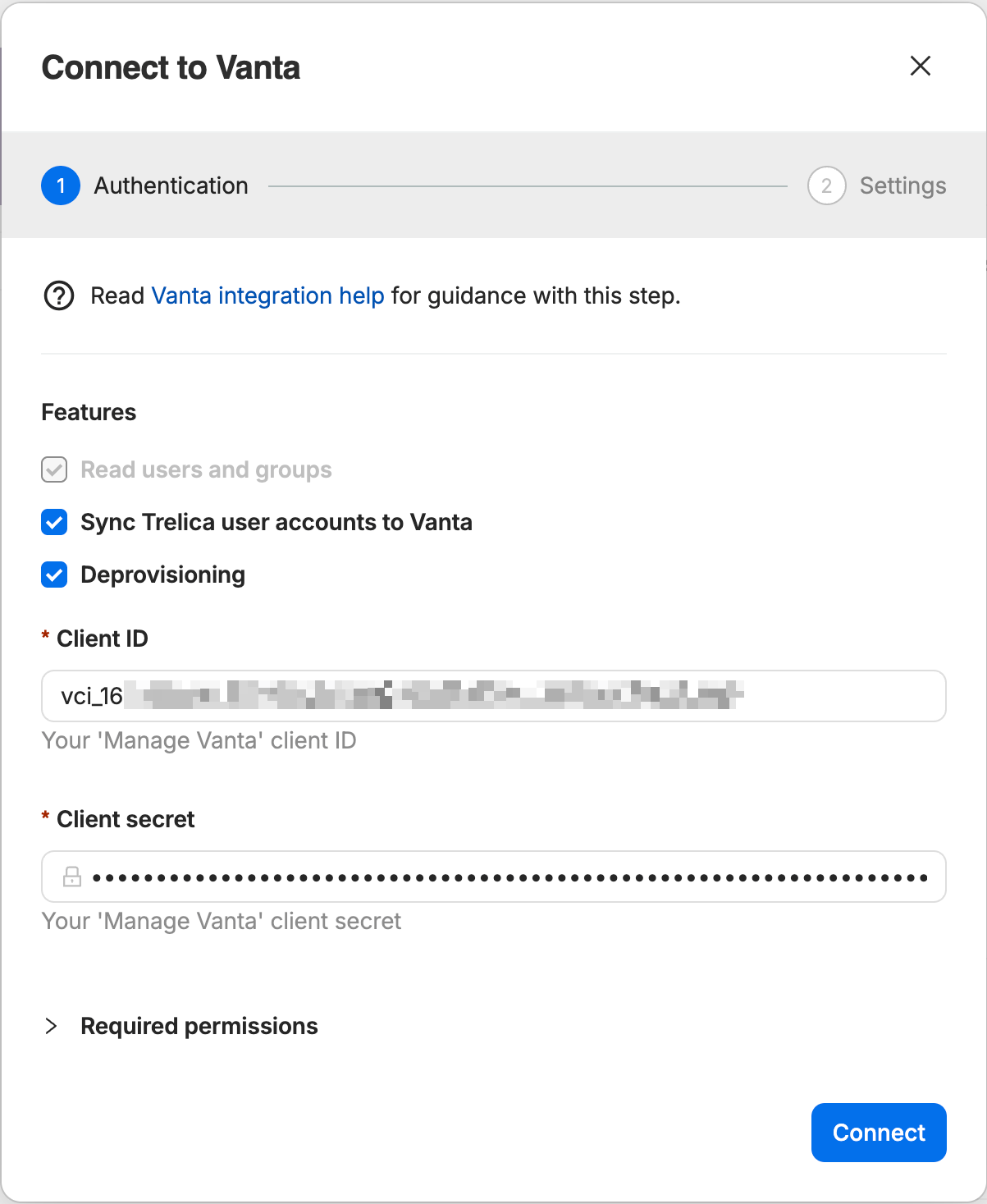 SaaS Manager Vanta connection dialog with OAuth client credentials