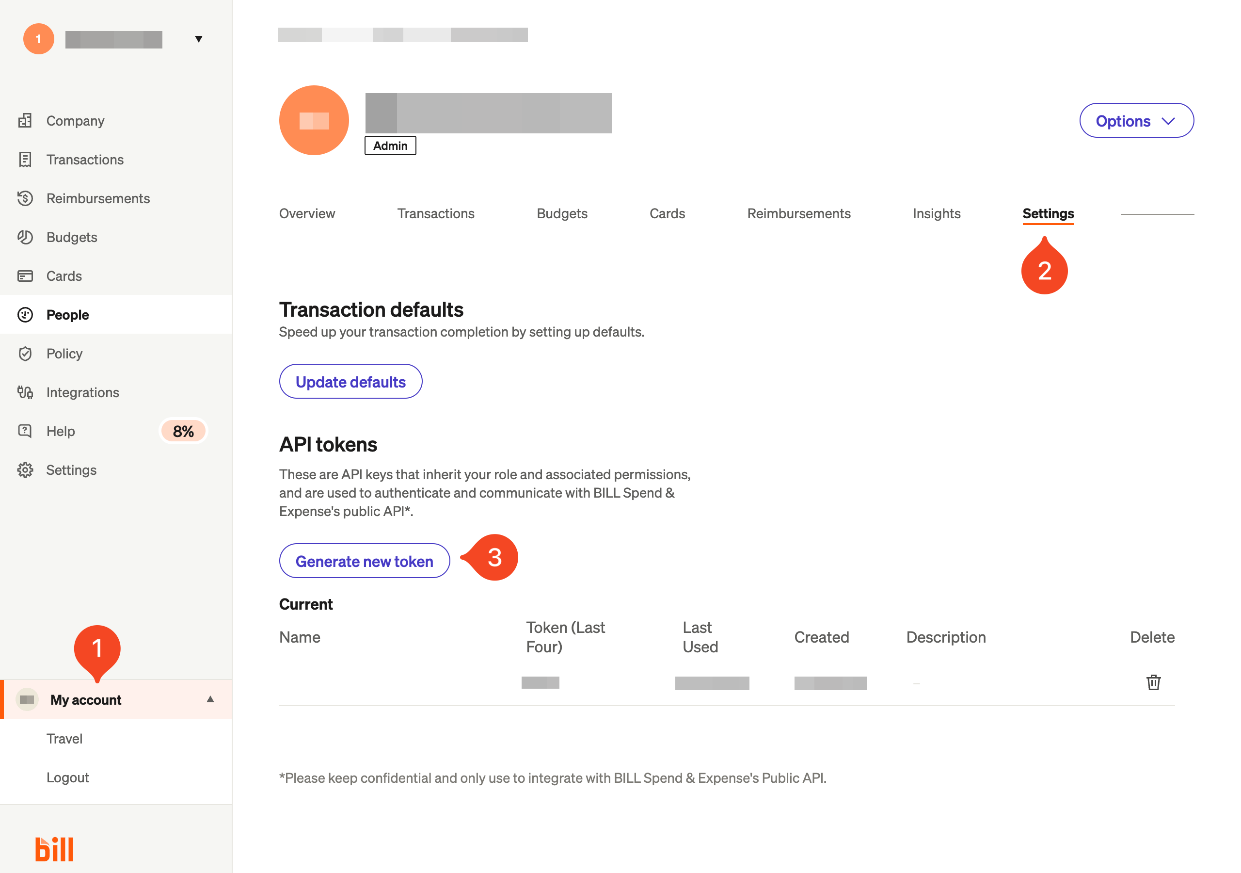 BILL Spend and Expense Settings page with the Generate new token button highlighted