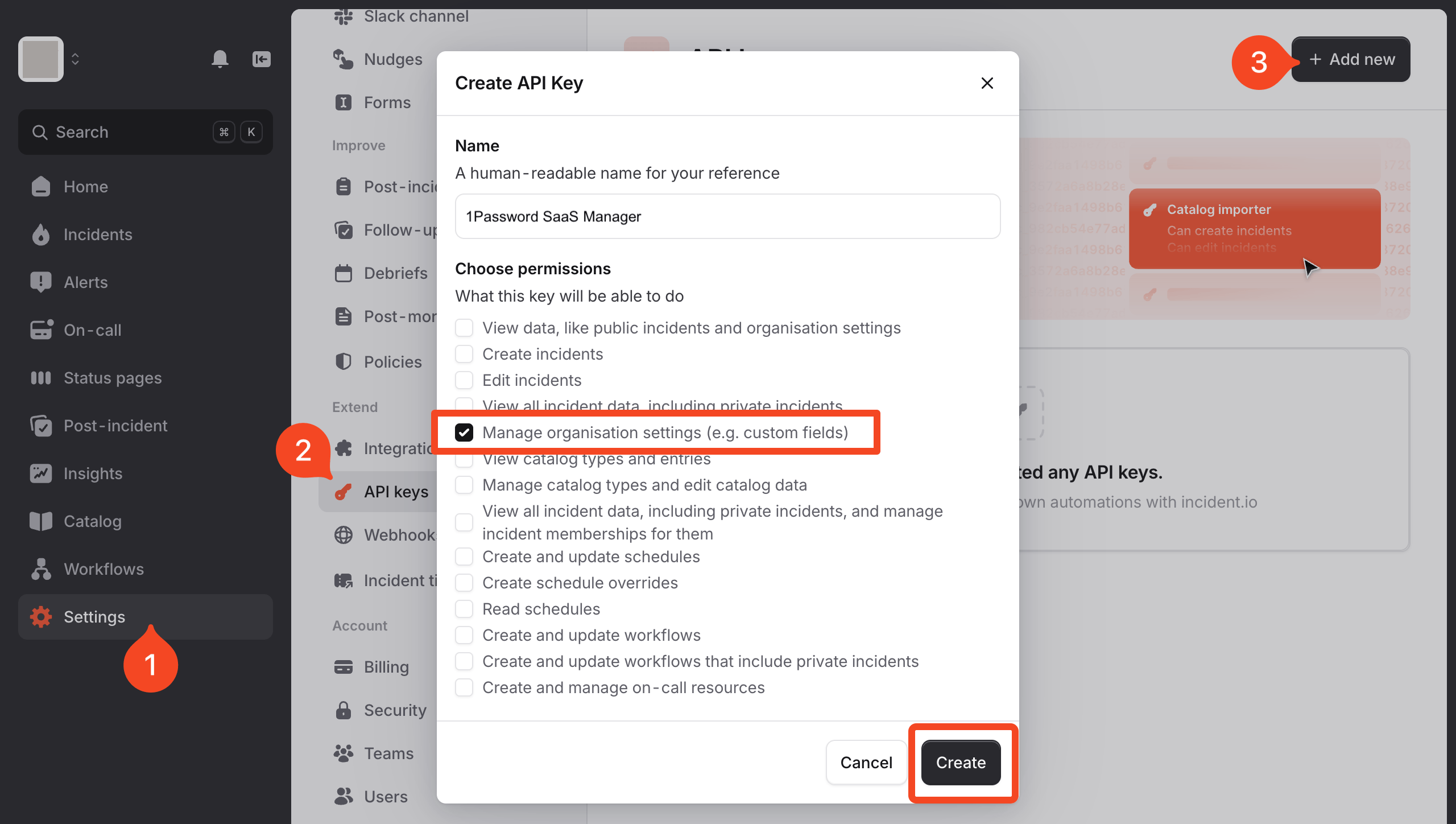 incident.io Create API Key dialog with Manage organisation settings permission selected