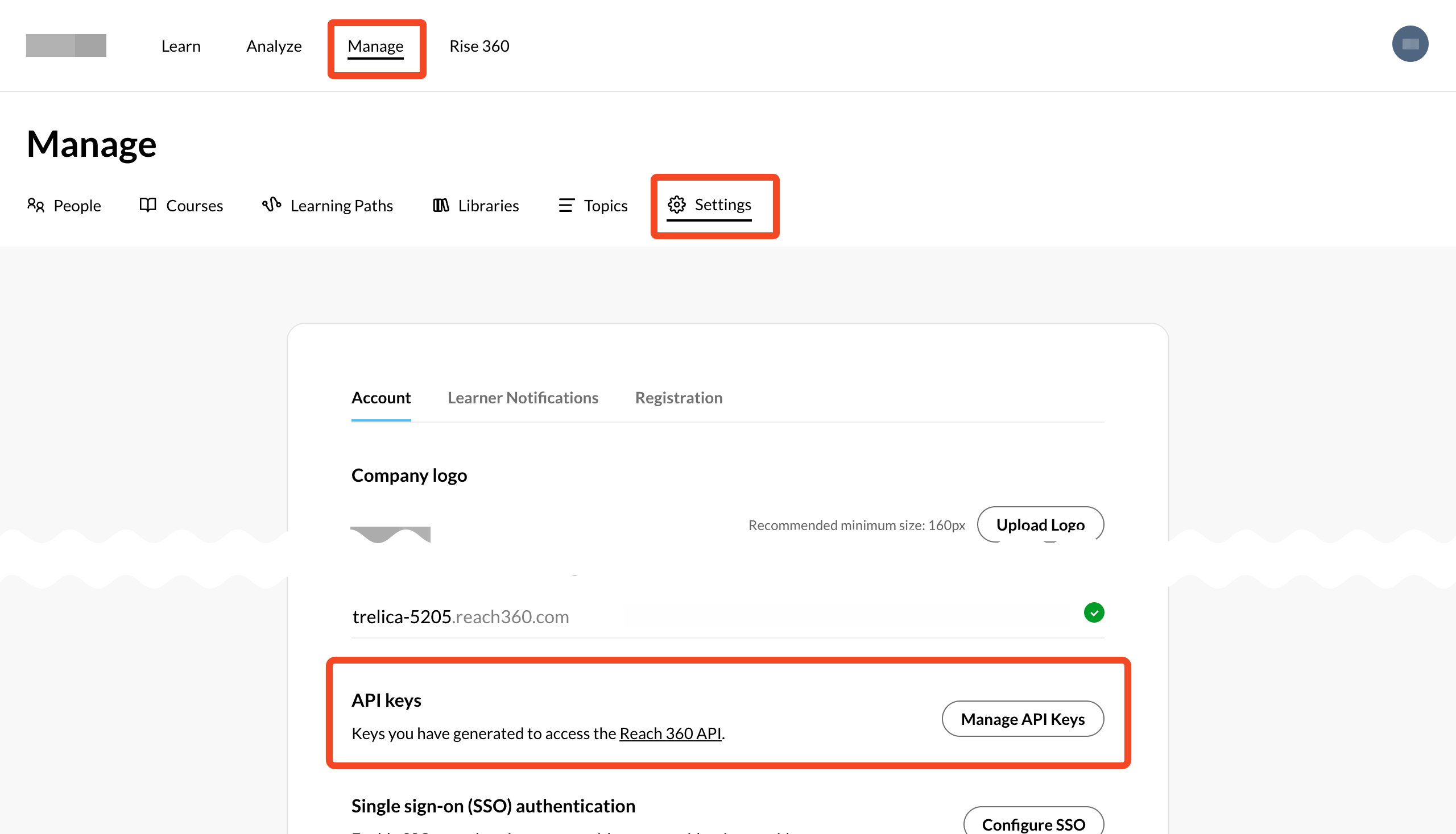 Articulate Reach 360 account settings with Manage API Keys selected