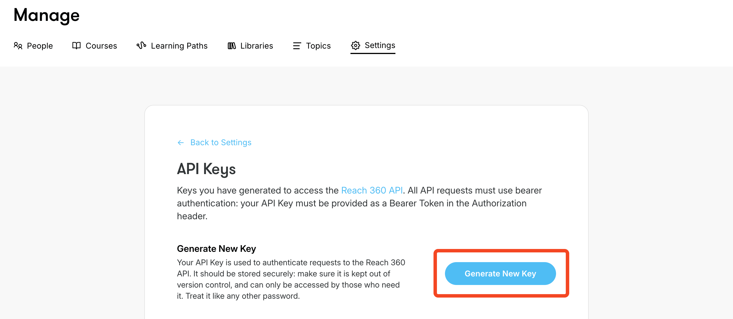 Articulate Reach 360 API Keys page with Generate New Key selected