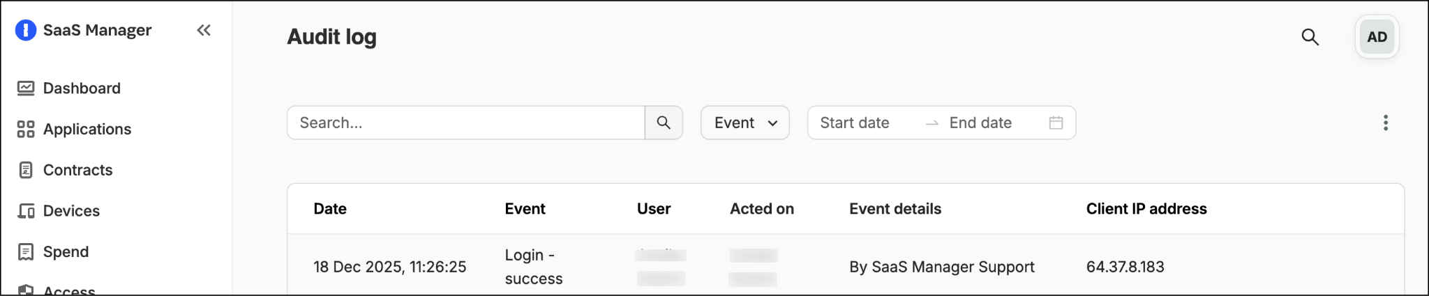 SaaS Manager Audit log page showing support activity recorded for a named user
